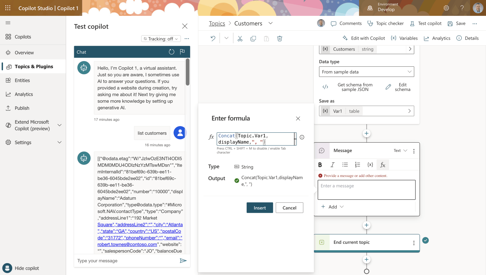 I set the output to Concat(Topic.Var1,displayName,", ")