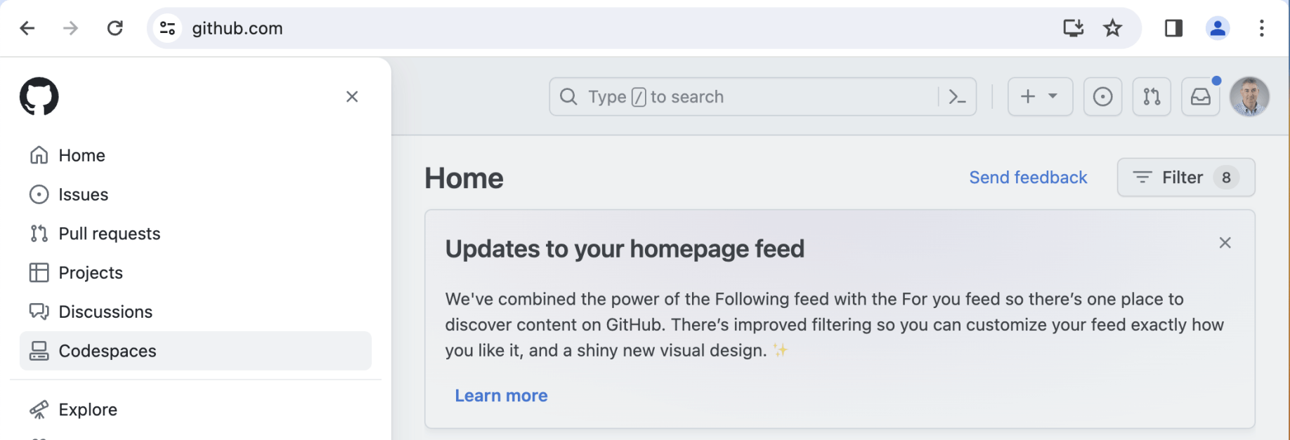 I navigated to GitHub and clicked on the Codespaces link
