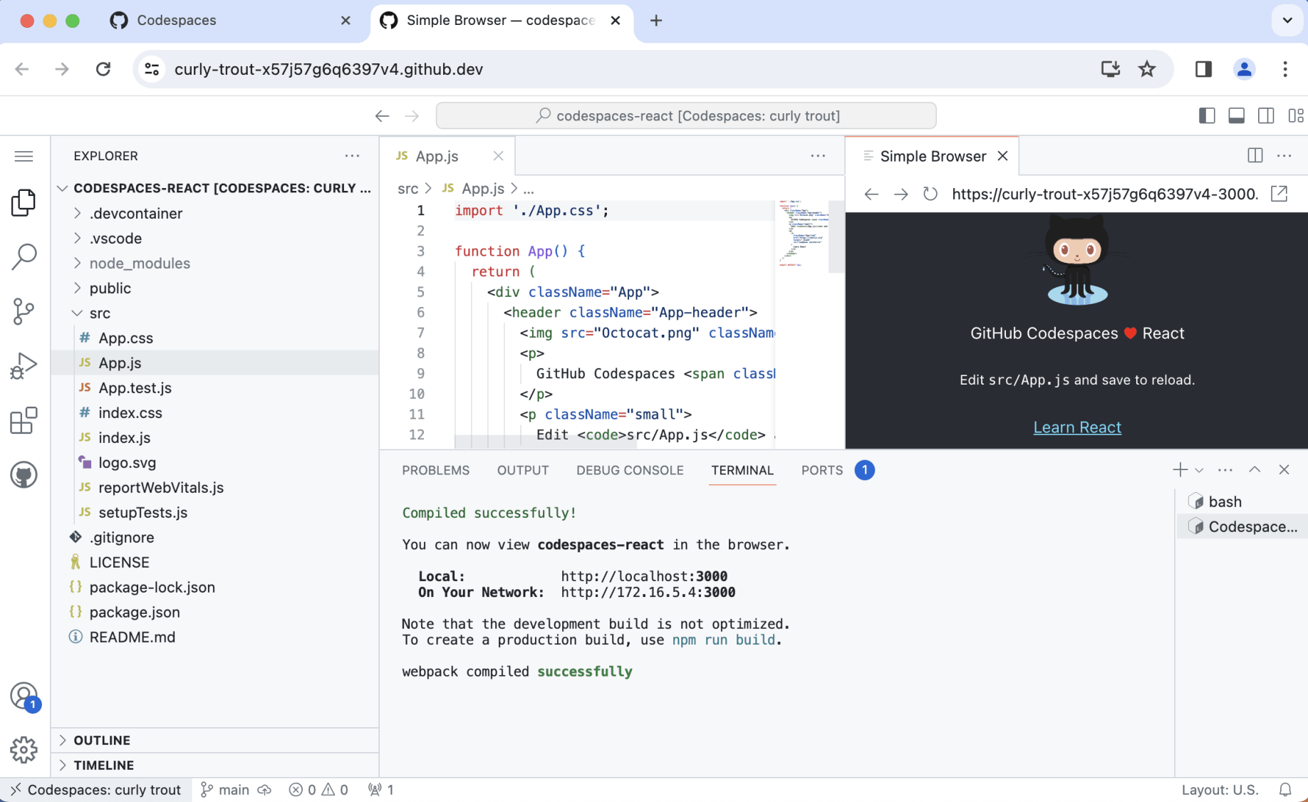 Codespaces opened and "npm start" was executed