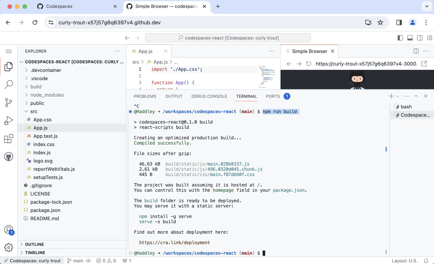 I ran "npm run build" (noticing that generated files were saved to the /build folder).