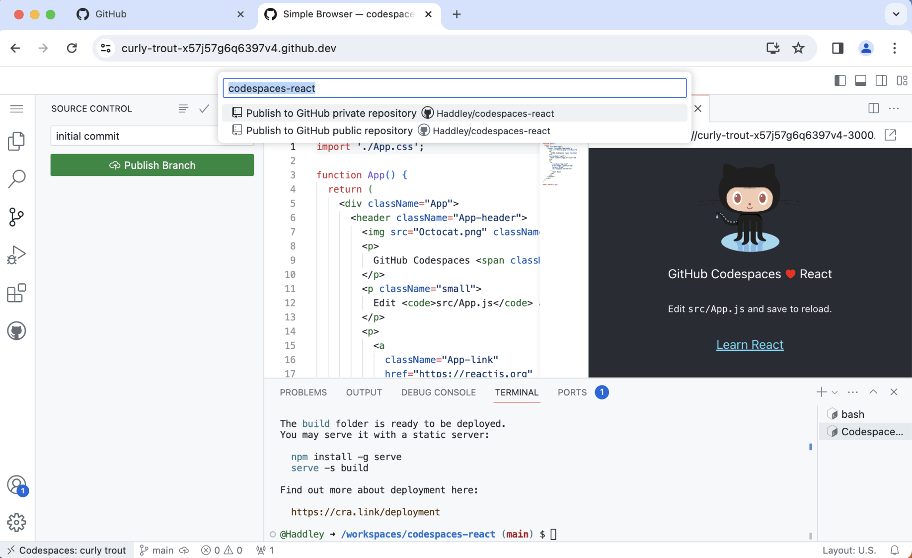 The repository was named Haddley/codespaces-react