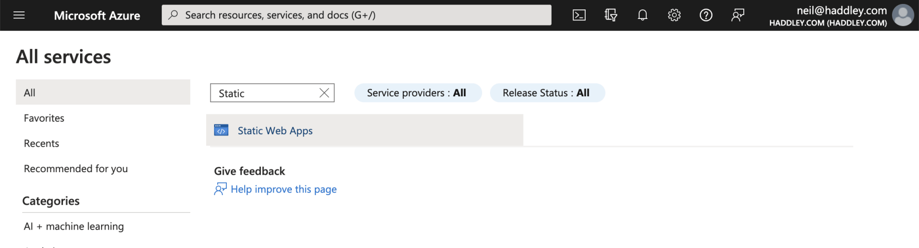 I clicked on the "Static Web Apps" link