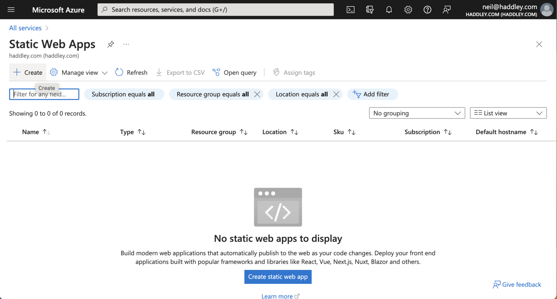 I clicked the + Create link