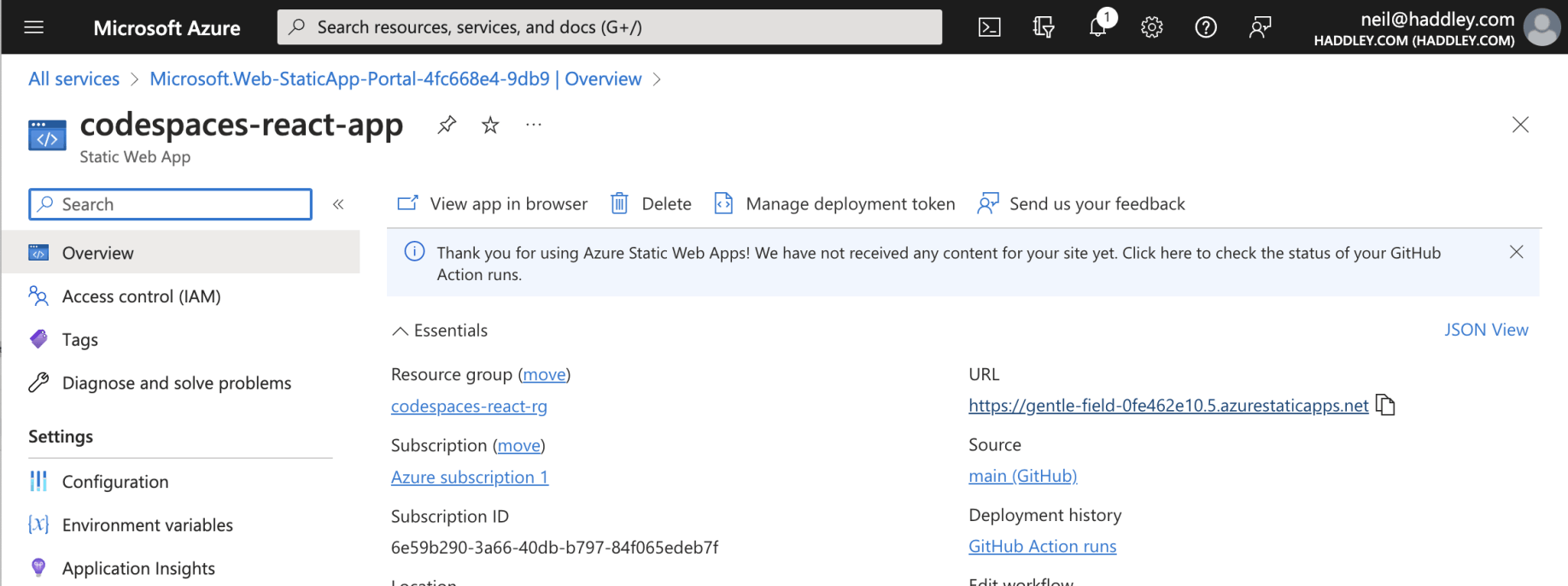 I navigated to the web site https://gentle-field-0fe462e10.5.azurestaticapps.net