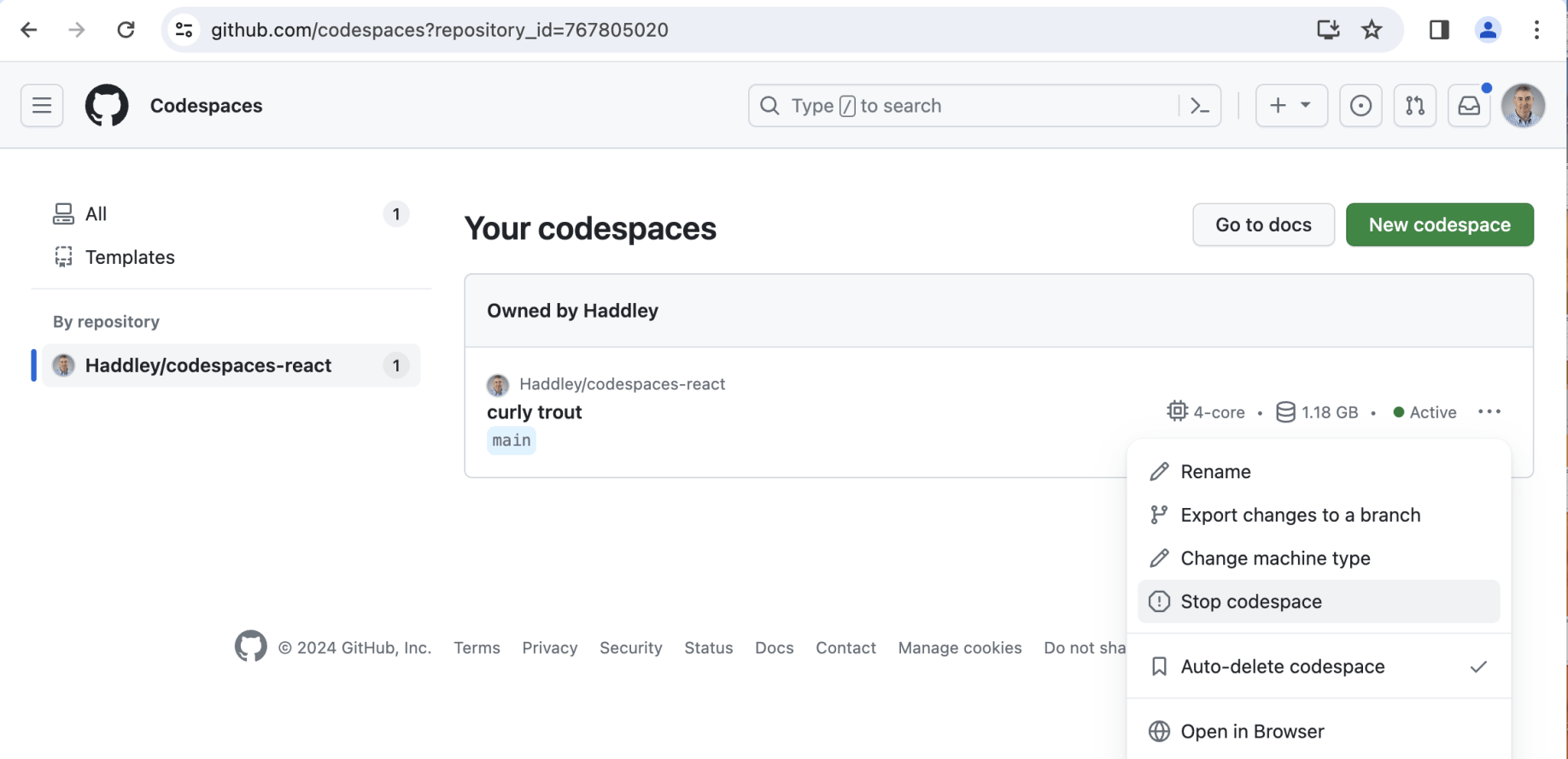 I navigated to the codespace and selected the "Stop codespace" option