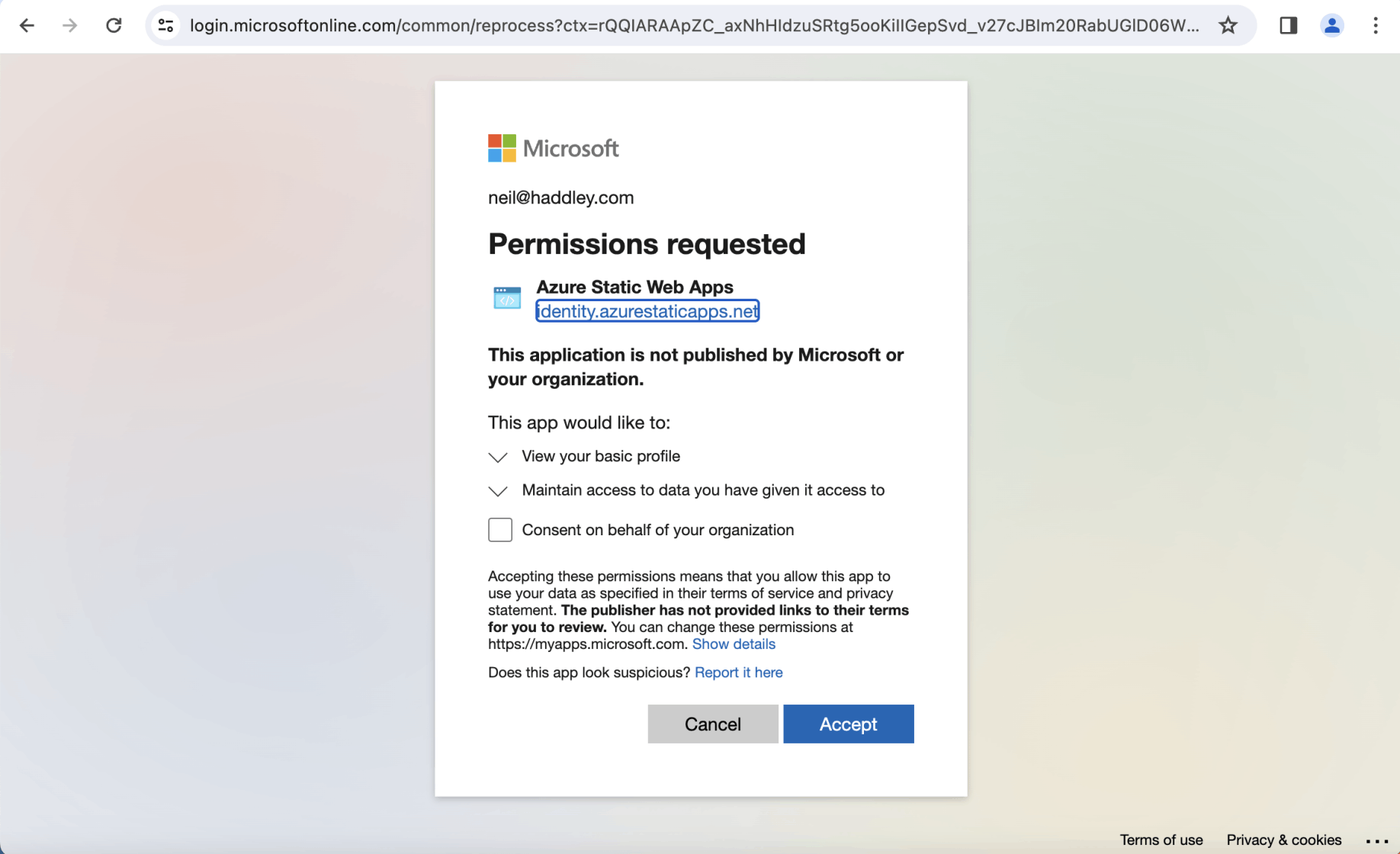 I logged in using my Azure Active Directory credentials