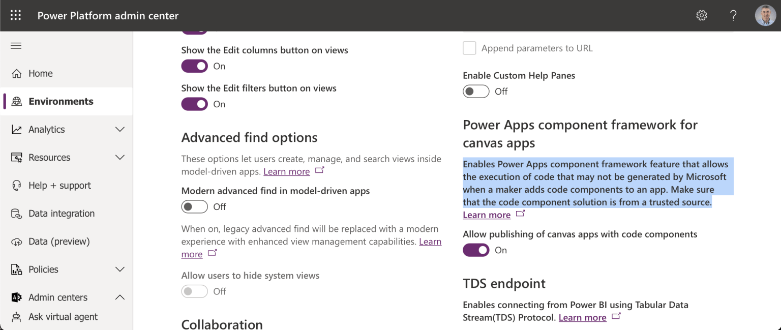 Turn on Power Apps component framework