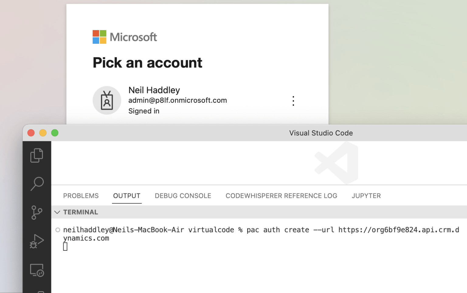 pac auth create –-url https://org6bf9e824.api.crm.dynamics.com(url value from Web API endpoint see above)