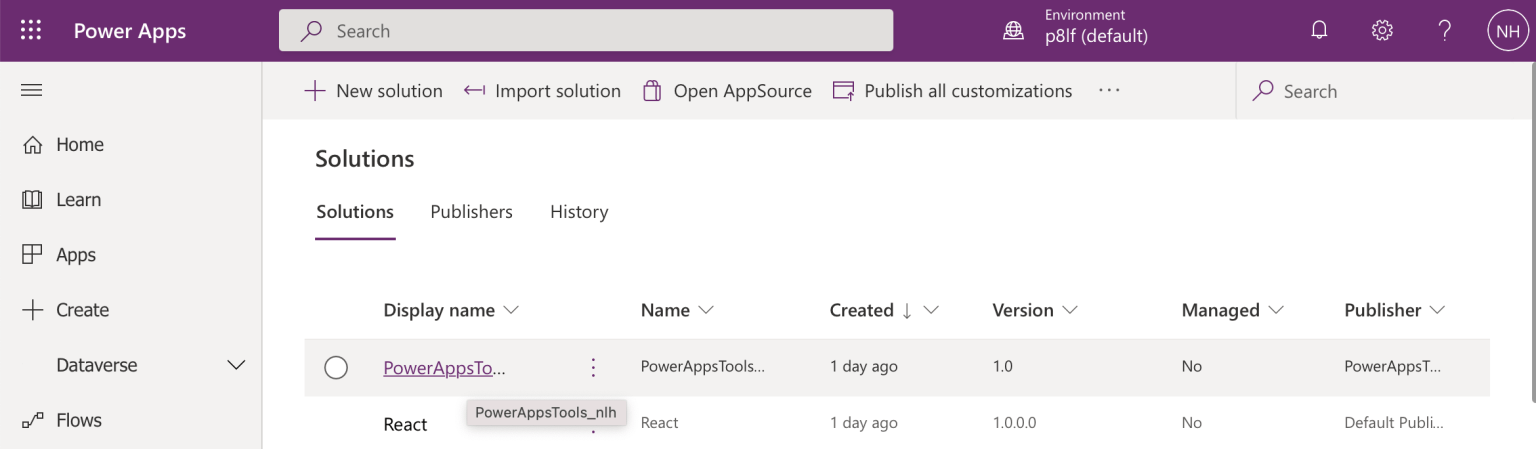 Component has been pushed to Power Apps environment