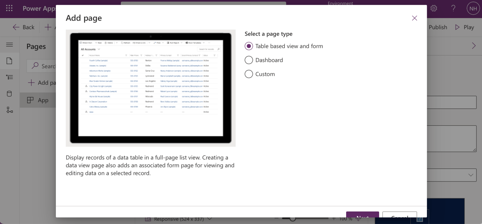 Select Table based view and form