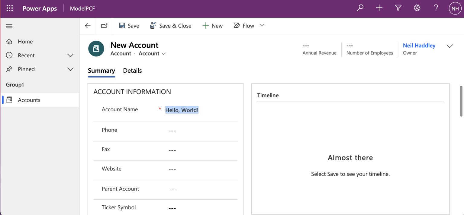 New Account form using code control
