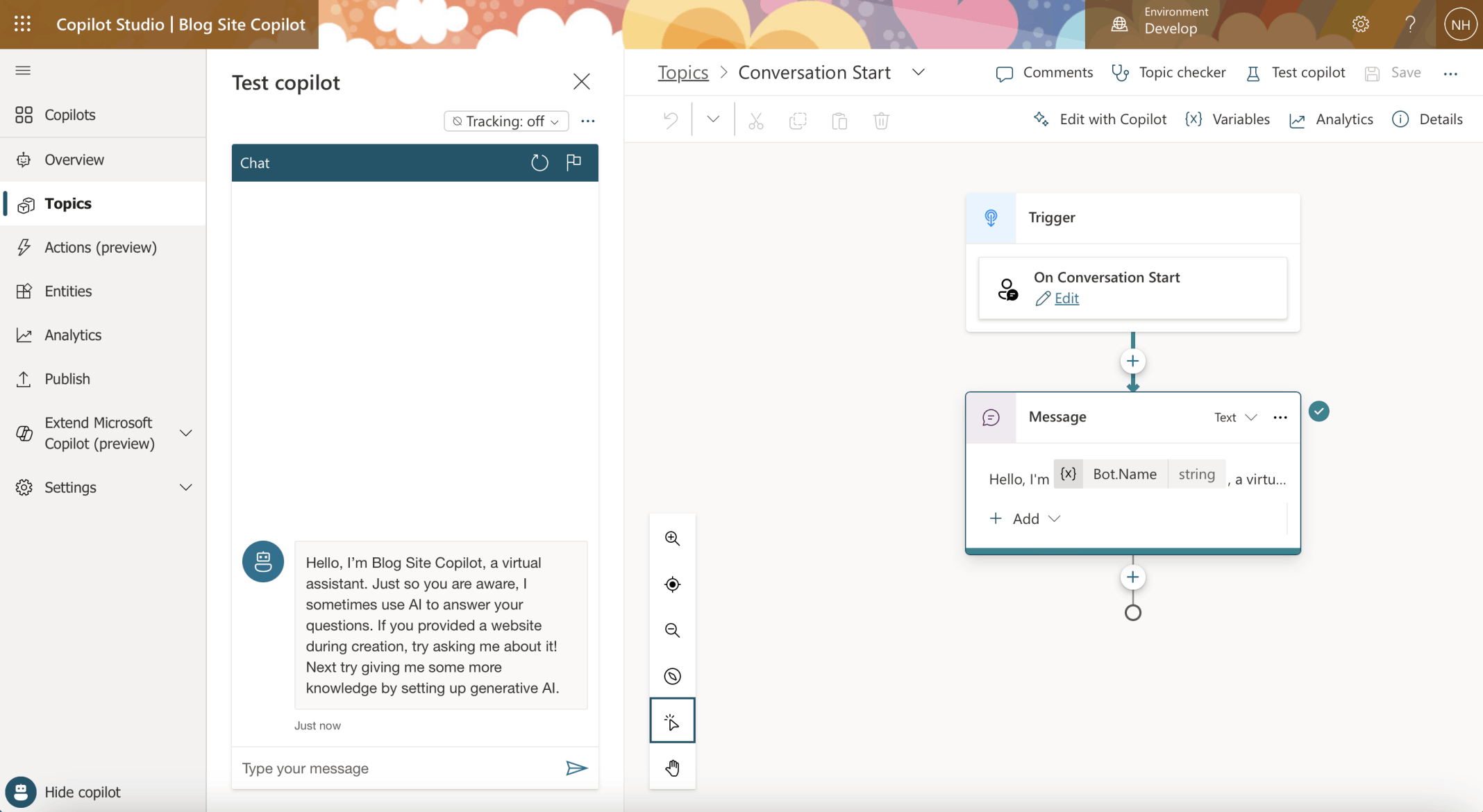 Restarting the session displays the message specified in the "Conversation Start" Topic