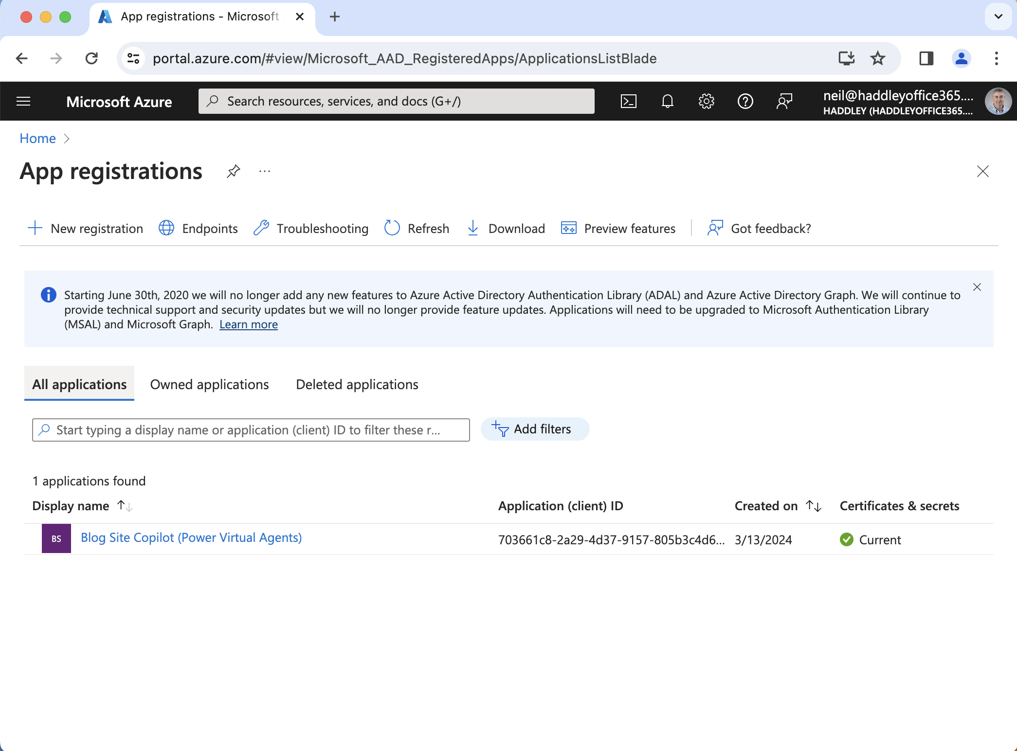 Notice that a "Blog Site Copilot (Power Virtual Agents)" application registration was automatically created in Azure.