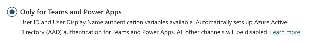 The "Only for Teams and Power Apps" authentication option is selected (by default).