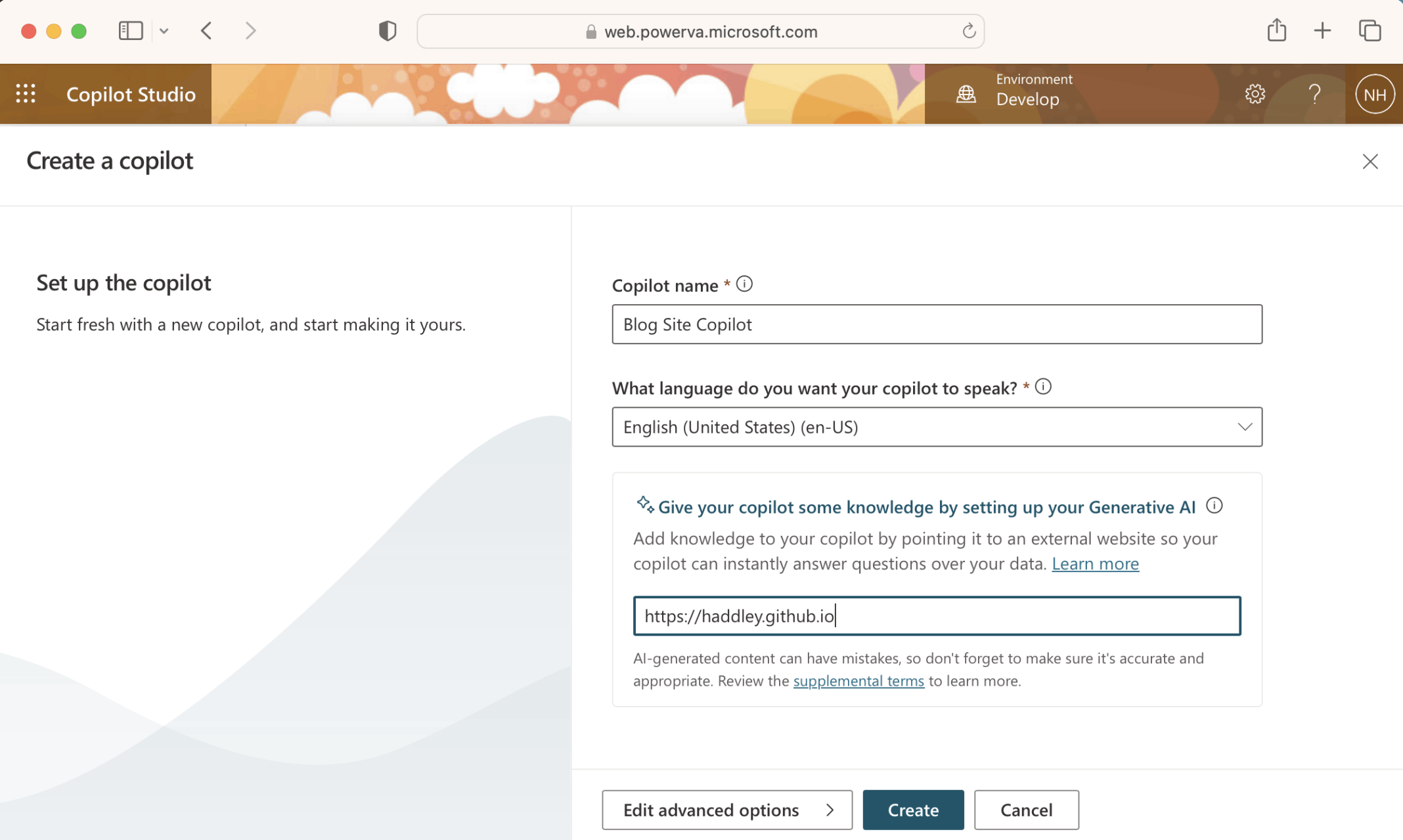I named the copilot "Blog Site Copilot"