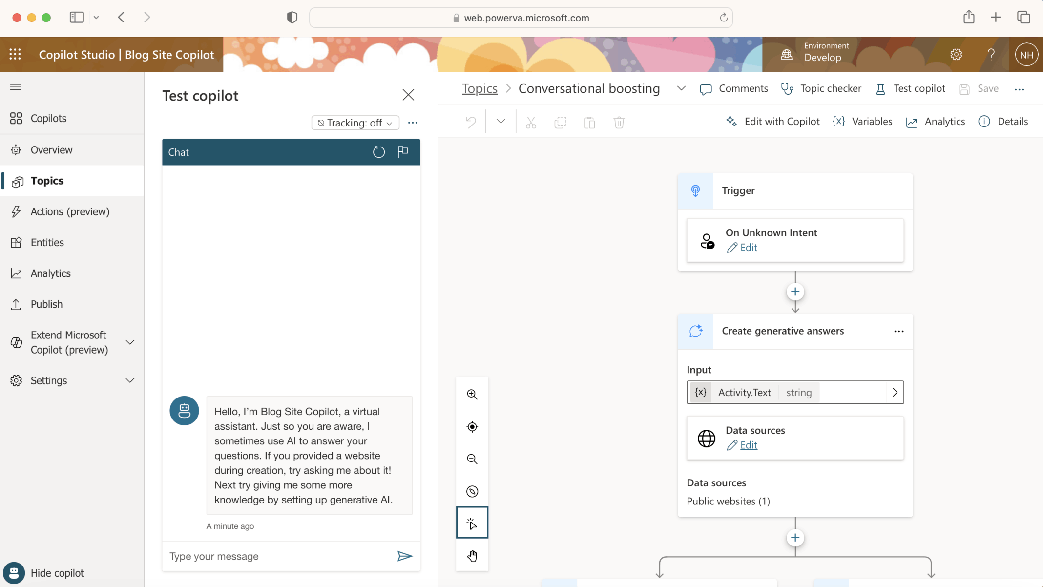 "On Unknown Intent" the "Conversational boosting" Topic will generate an answer based on the contents of https://haddley.github.io (the Data source).