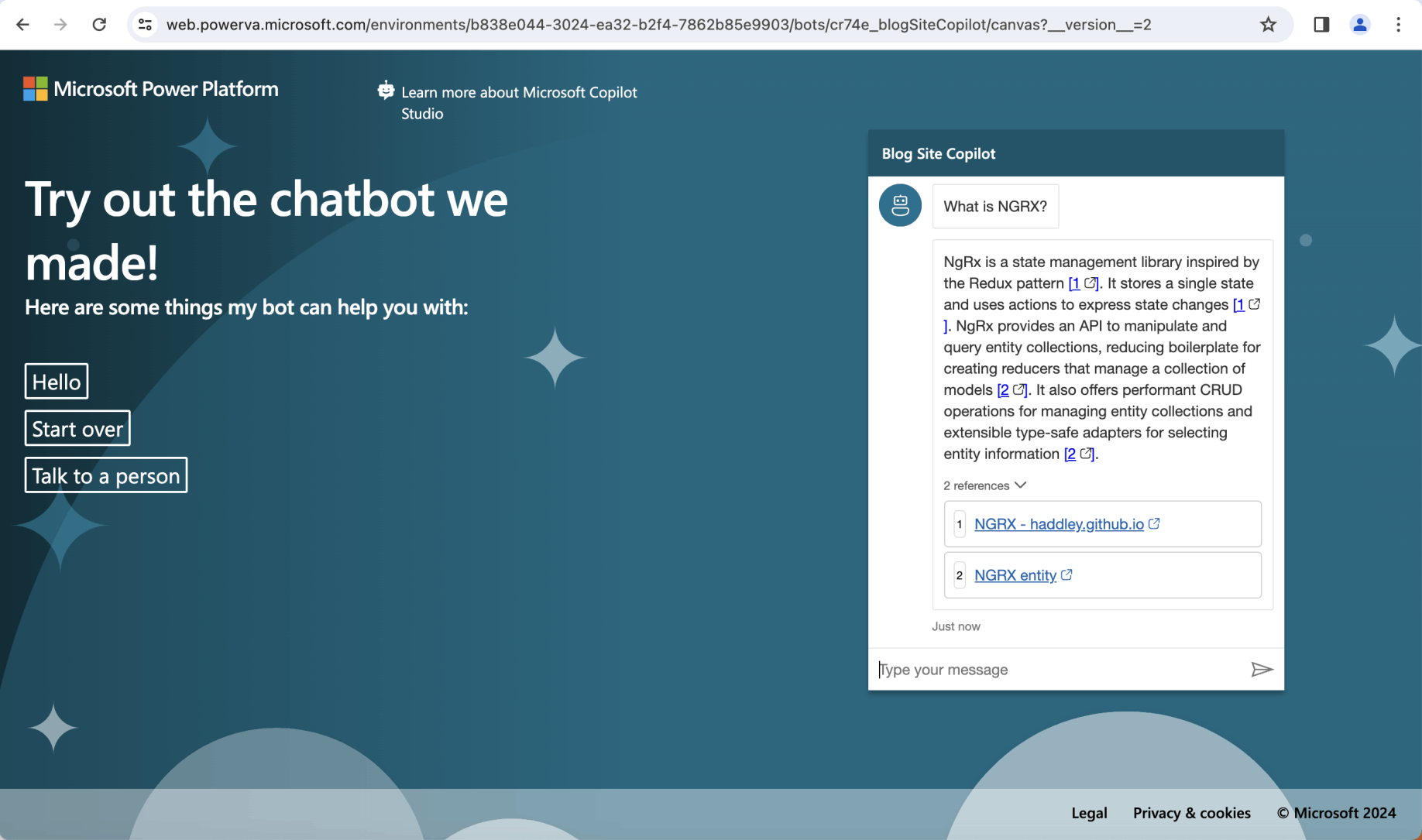 I returned to the demo website and asked the question "What is NGRX?"