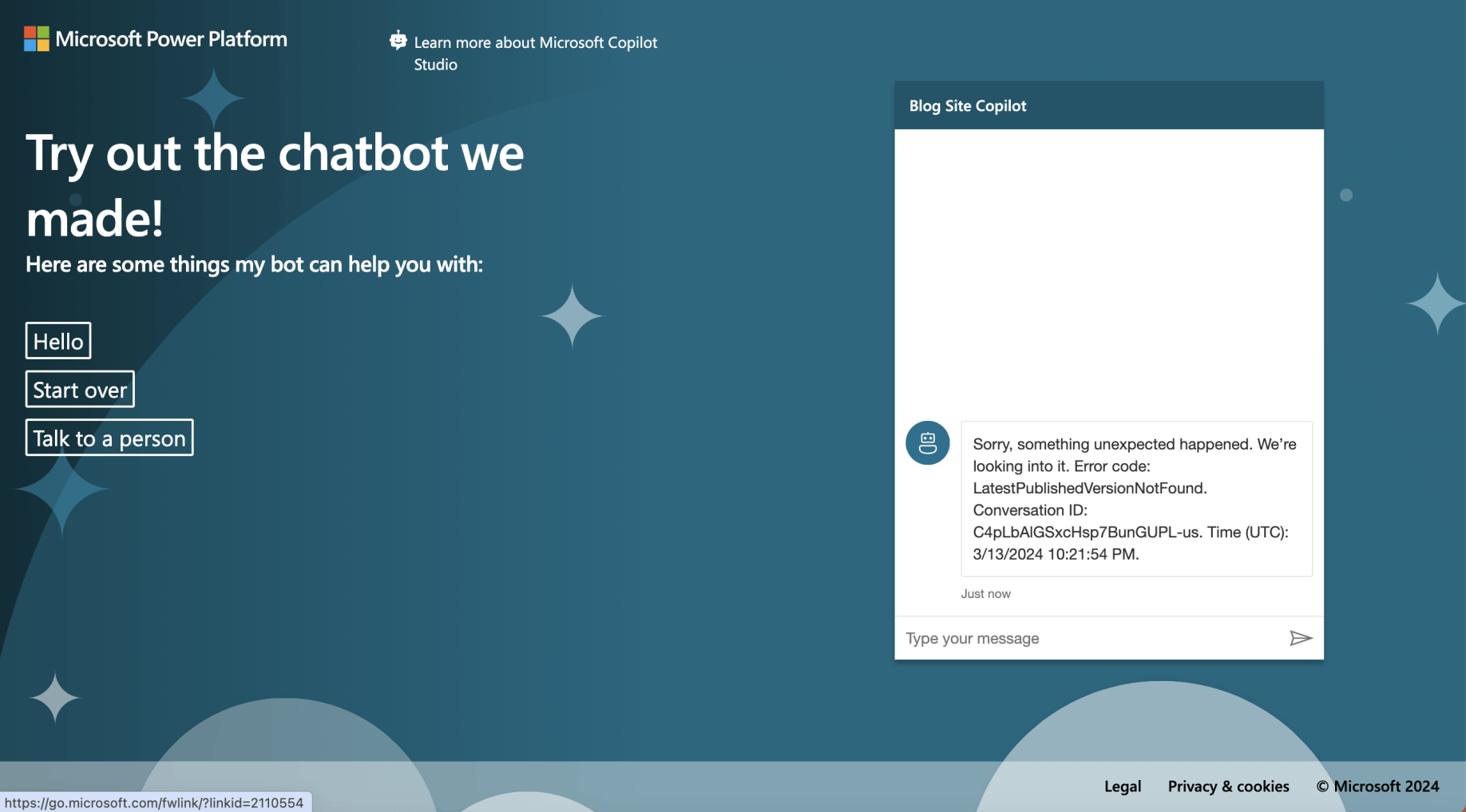 I navigated to https://web.powerva.microsoft.com/environments/b838e044-3024-ea32-b2f4-7862b85e9903/bots/cr74e_blogSiteCopilot/canvas?__version__=2