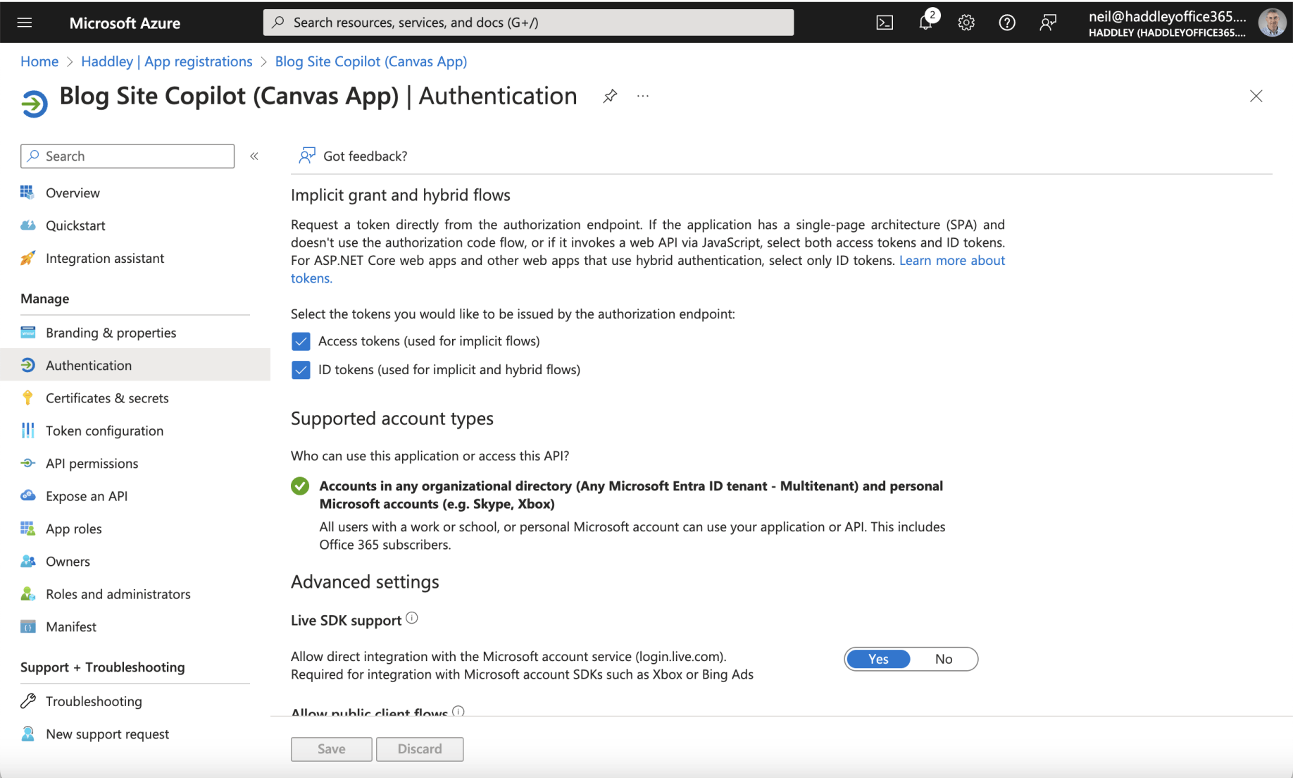 The Access tokens and ID tokens options are both checked
