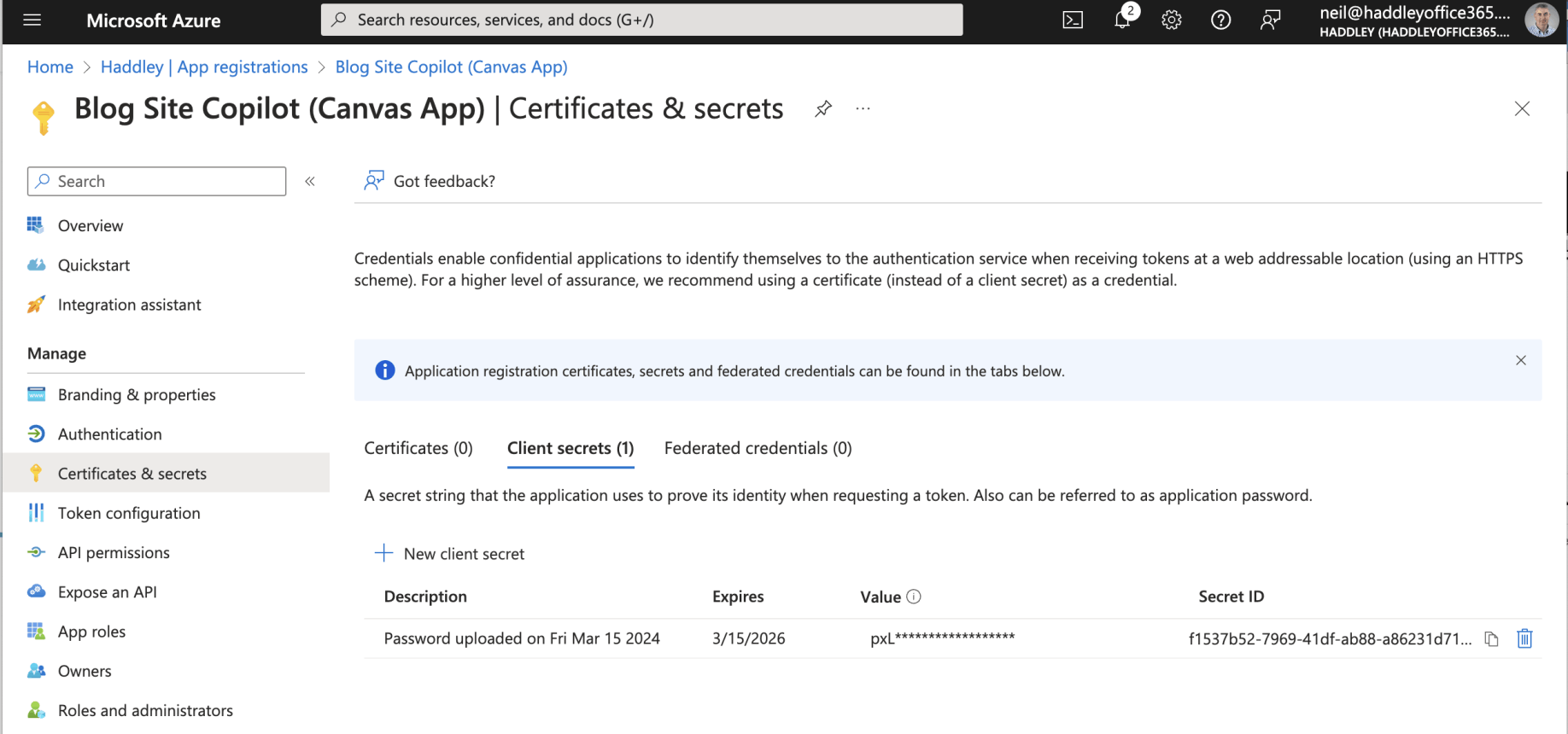 The Canvas App Registration has a generated Client secret