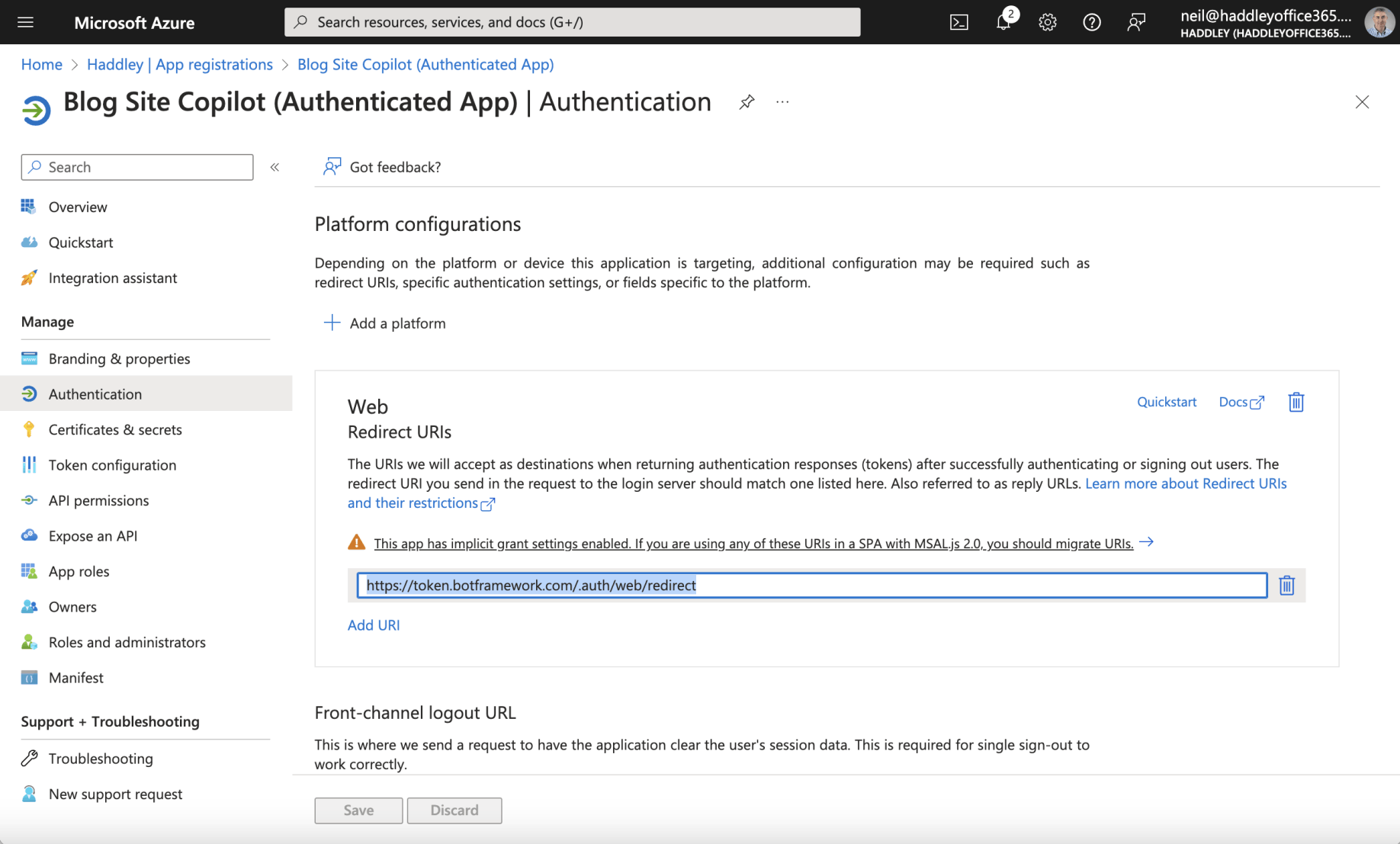 The Authenticated App Registration has a Web Redirect URI https://token.botframework.com/.auth/web/redirect