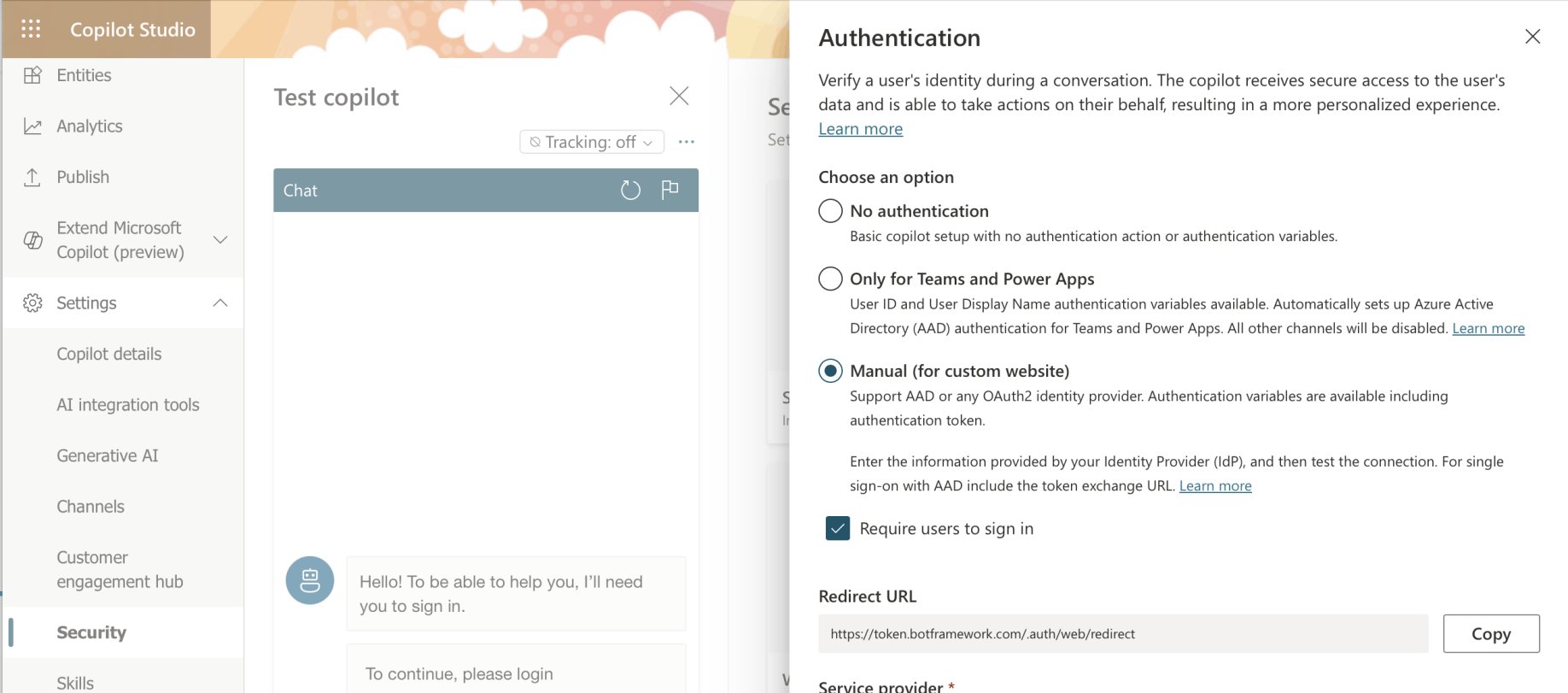 Notice that the Redirect URL can be copied from the Copilot Studio Security|Authentication page