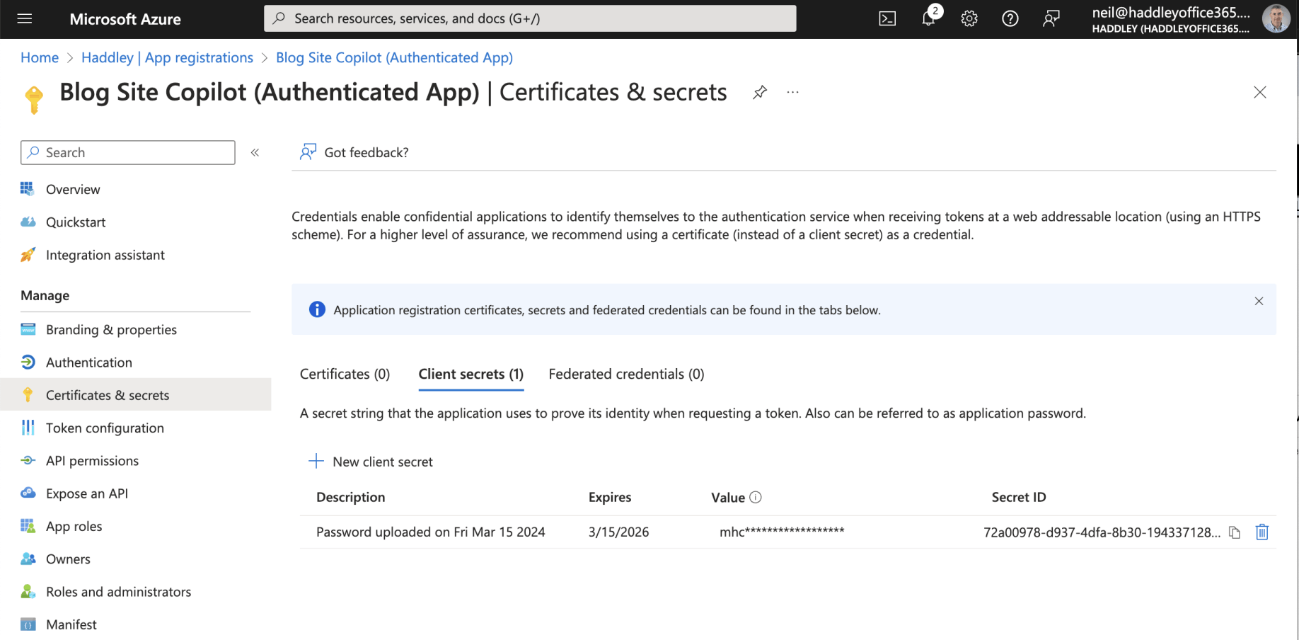 The Authenticated App Registration has a generated Client secret