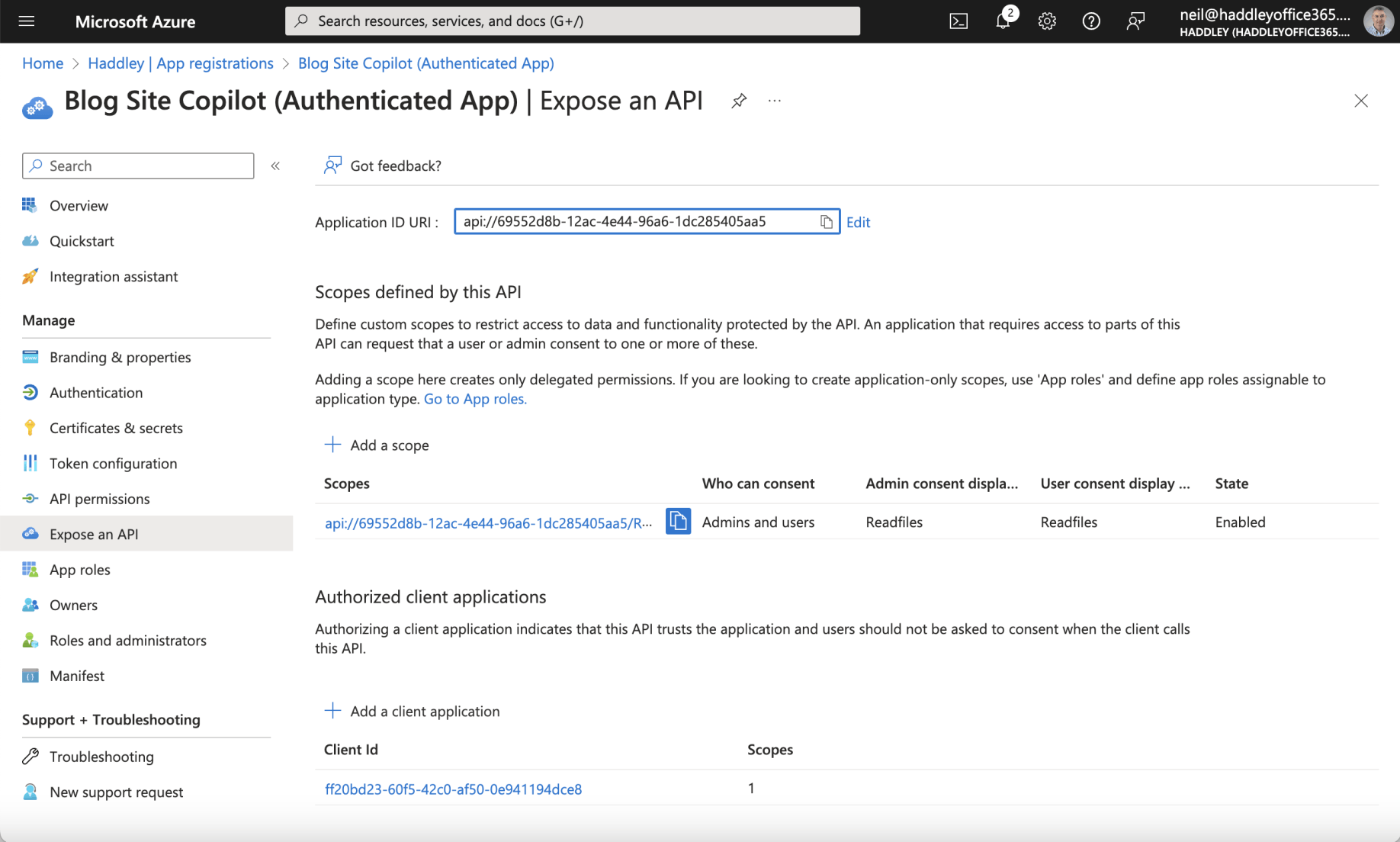 The Authenticated App Registration includes a scope. The Authenticated App is configured to trust the Canvas App Registration. Notice that the Canvas App Client ID "ff20..." has been added.