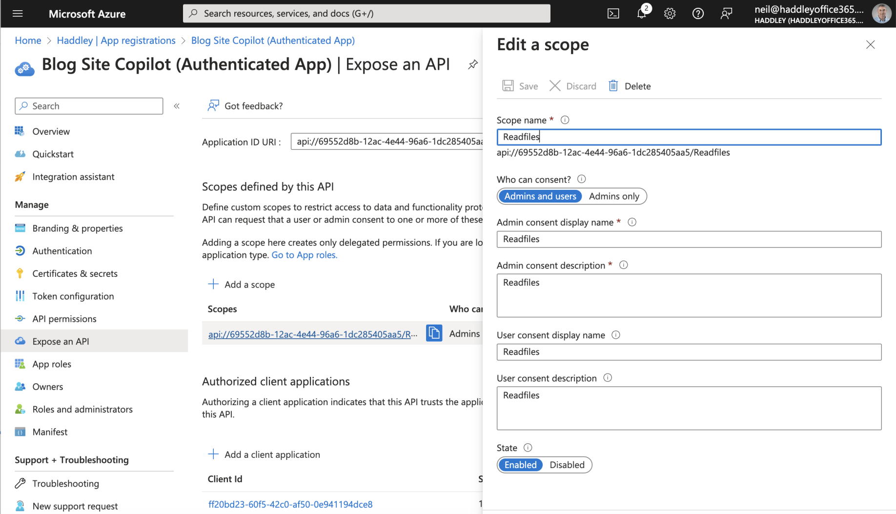 The Authenticated App Registration includes scope: api://69552d8b-12ac-4e44-96a6-1dc285405aa5/Readfiles