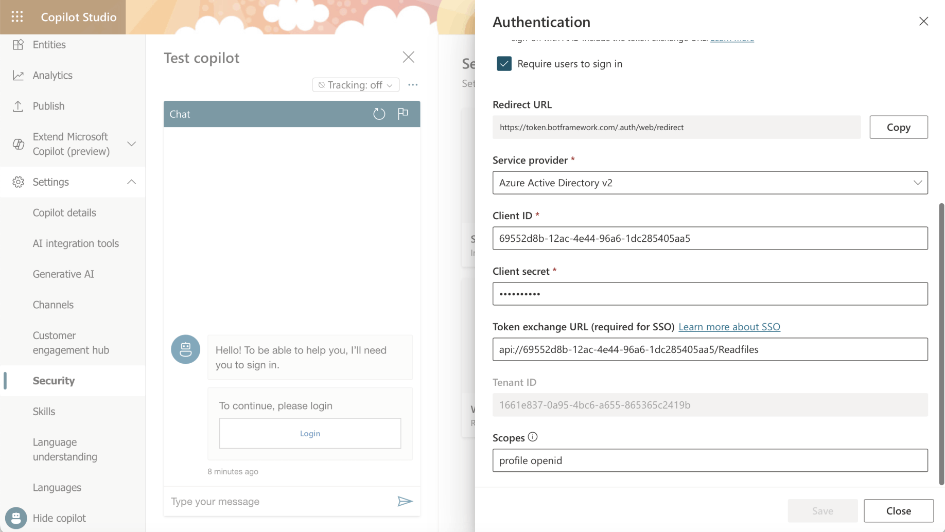 Notice that the Authenticated The Authenticated App Registration Client ID and Client Secret have been added to the Copilot Studio Security|Authentication page. The "api://6955..." scope has been added to the Copilot Studio Security|Authentication page.
