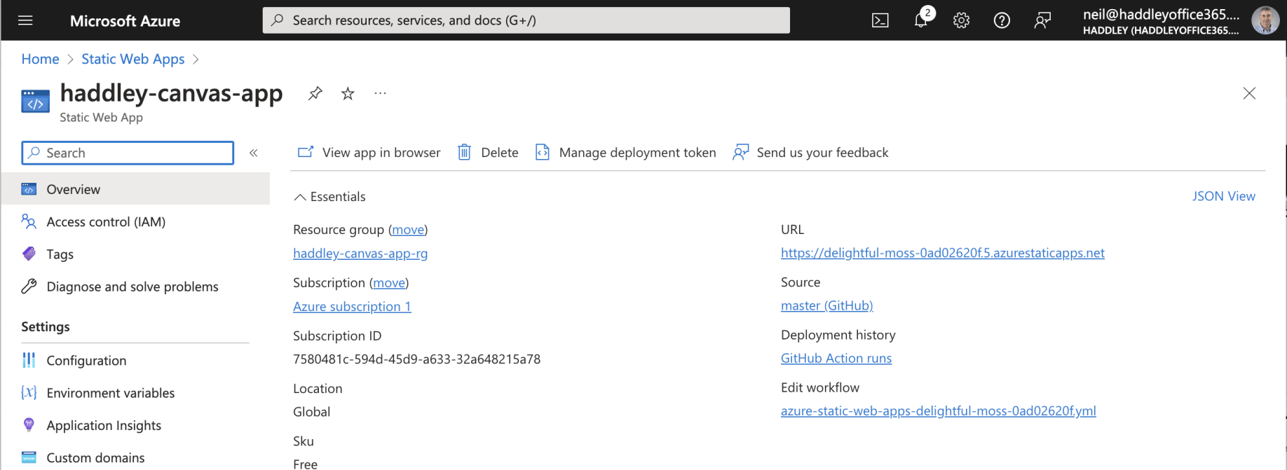 Static Web App has URL https://delightful-moss-0ad02620f.5.azurestaticapps.net