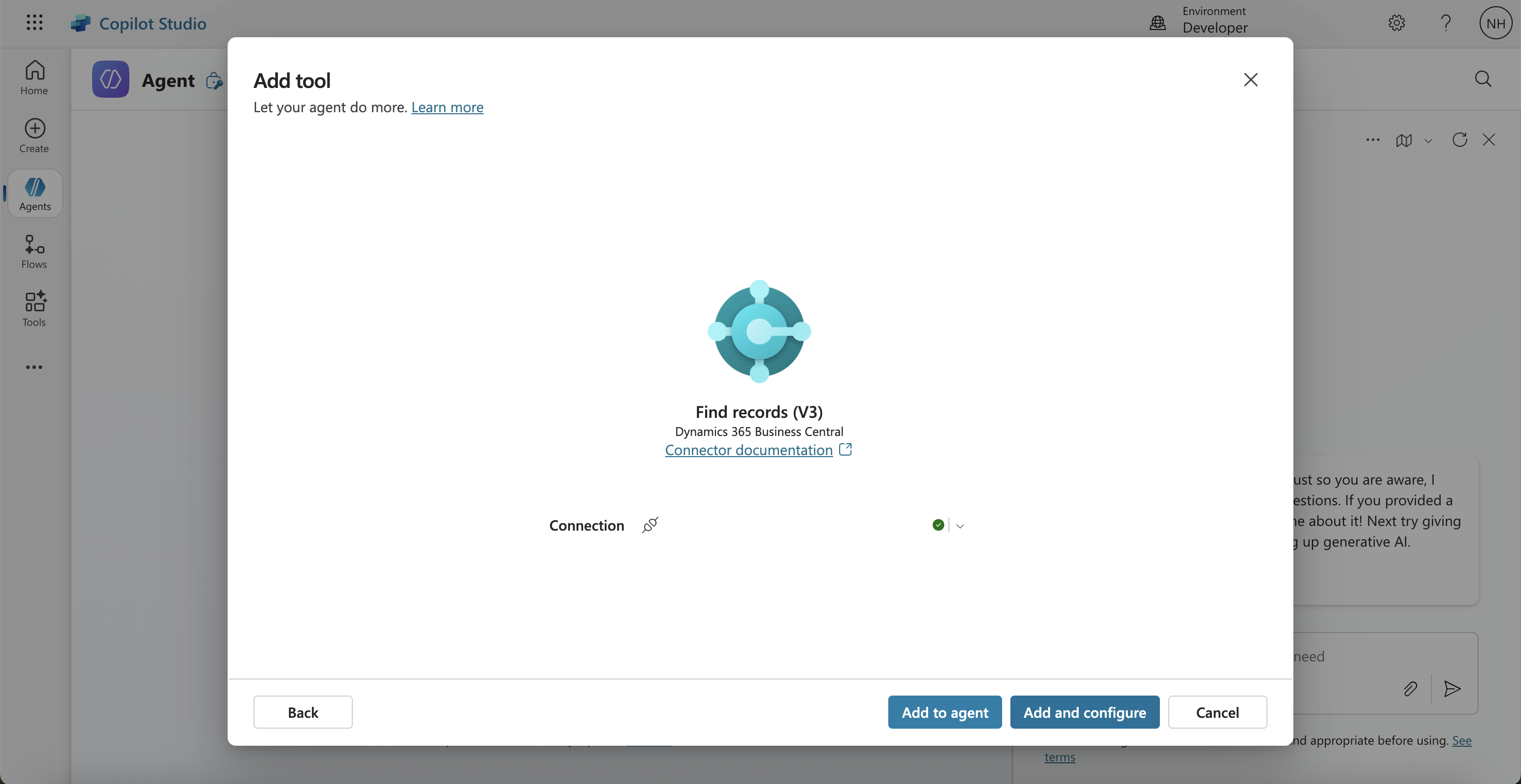 I selected the Find records (V3) action and clicked the Add and configure button