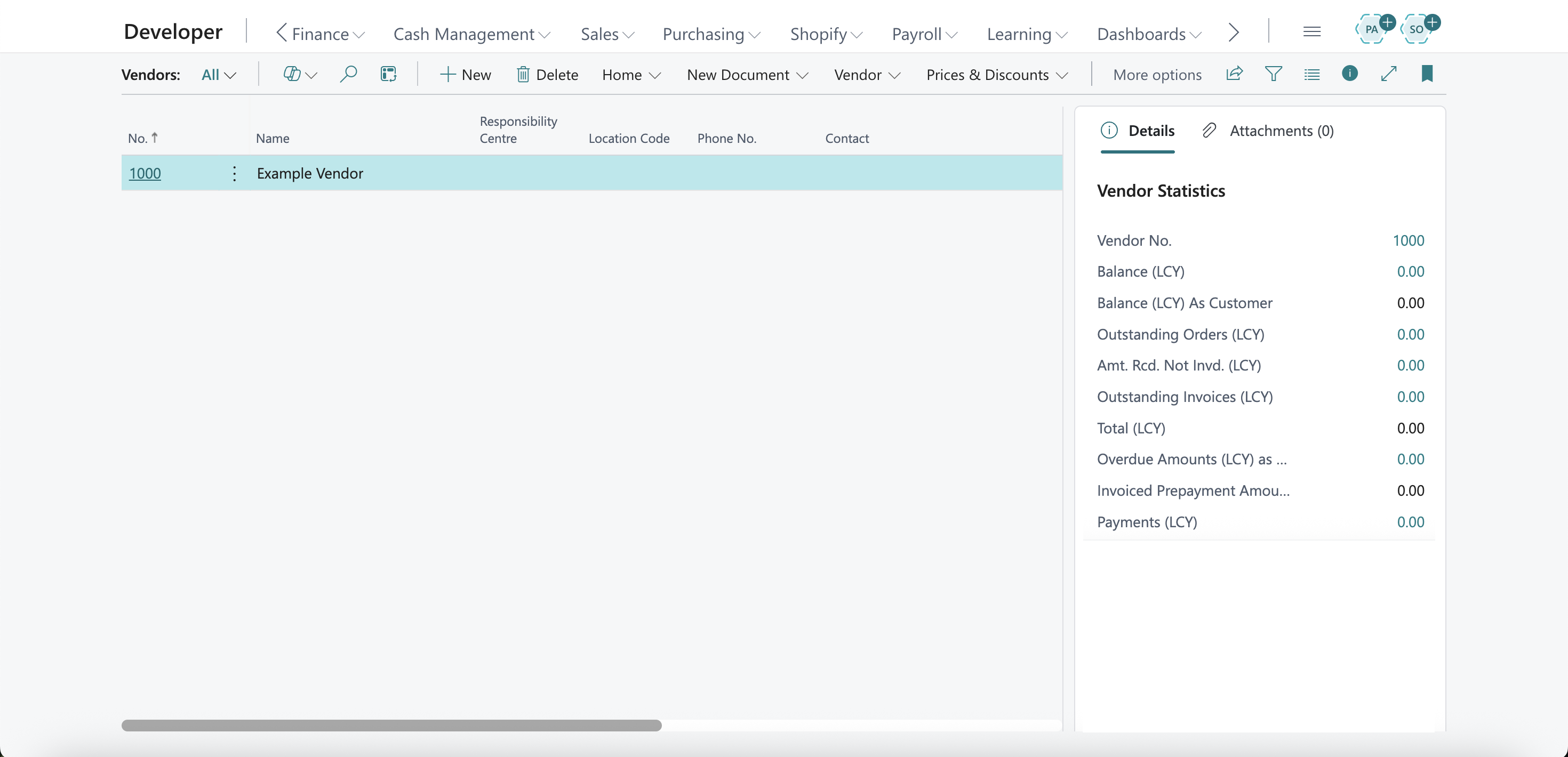 The Business Central company had a single "Example Vendor"