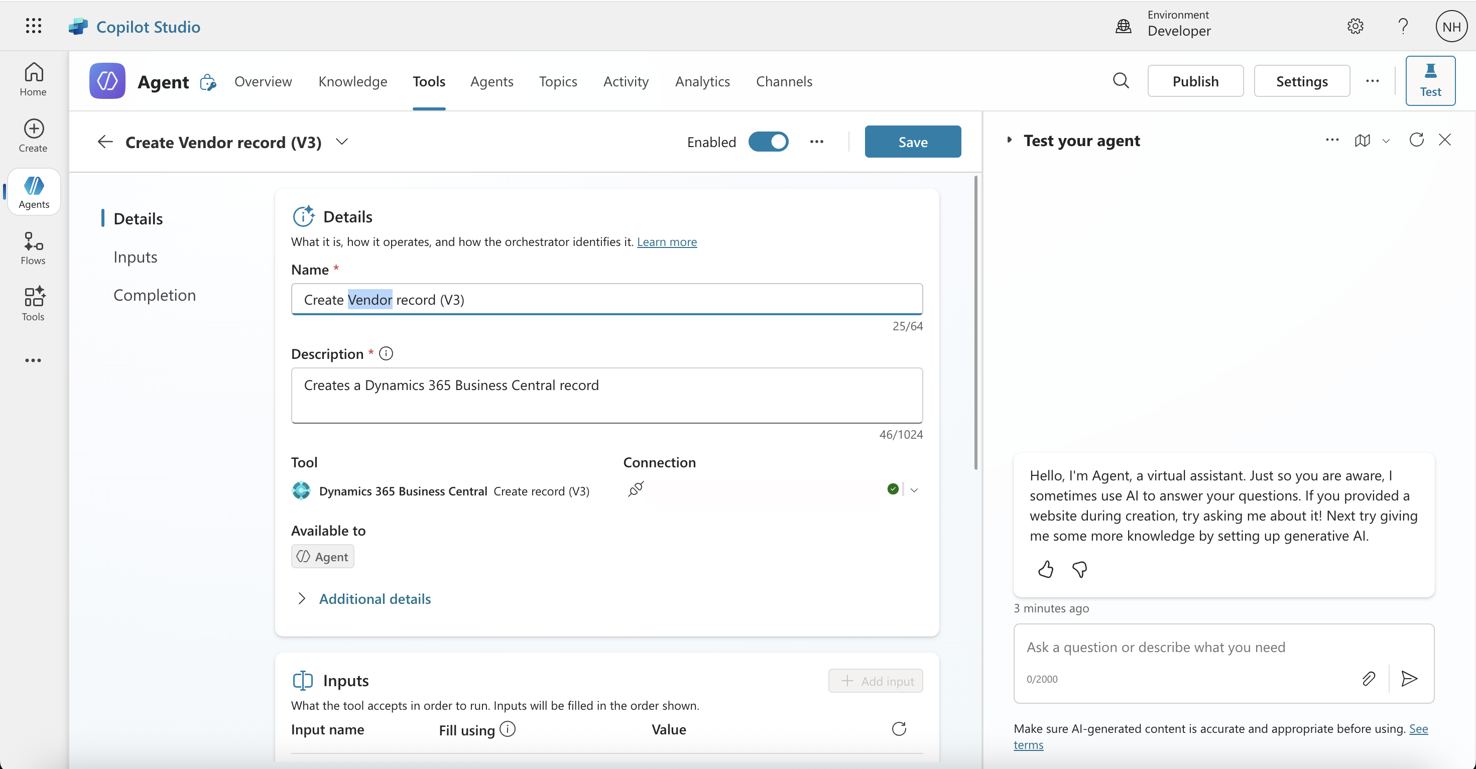 I updated the tool's name to 'Create Vendor record (V2)'