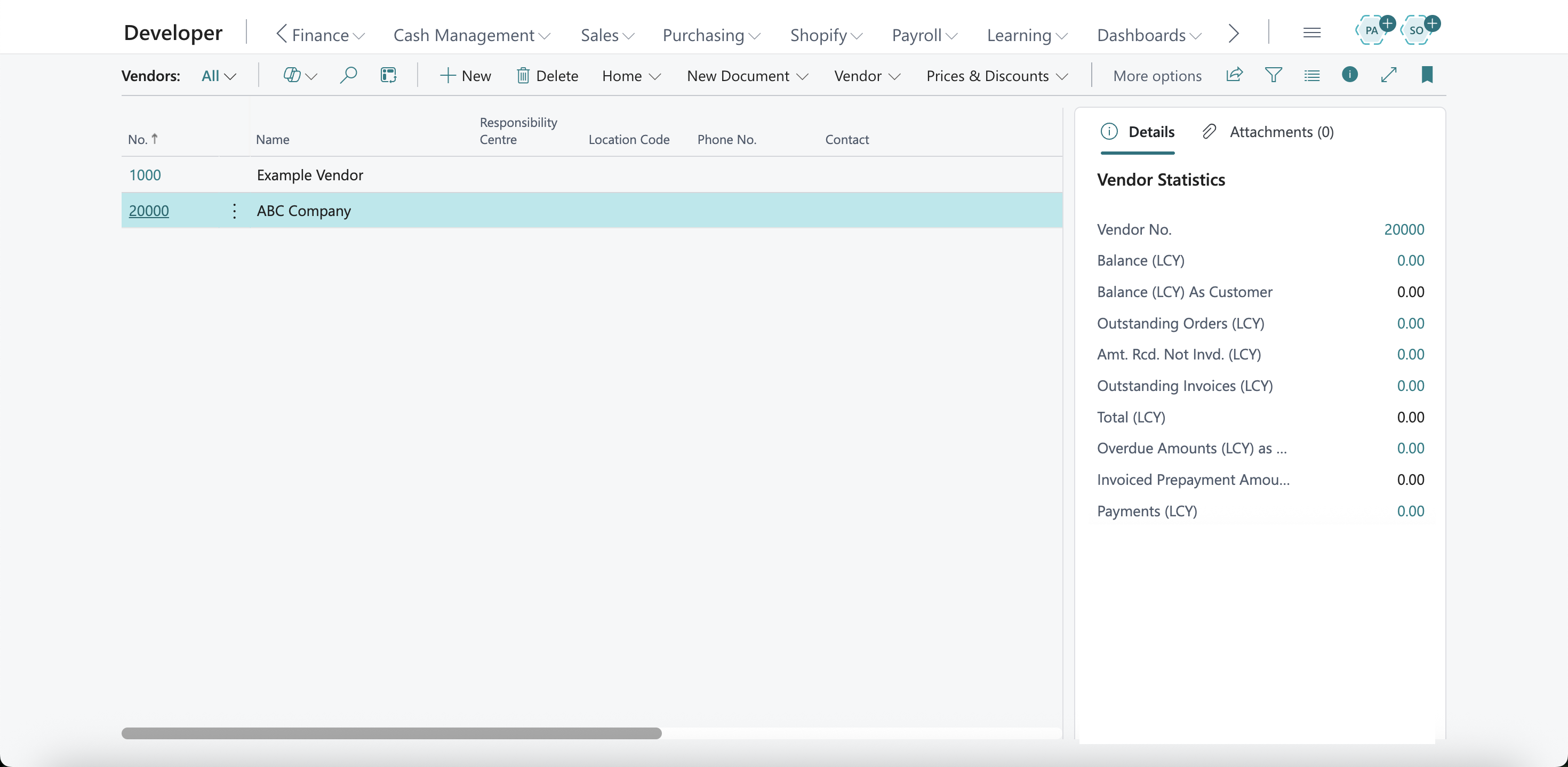 The new vendor was visible in Business Central