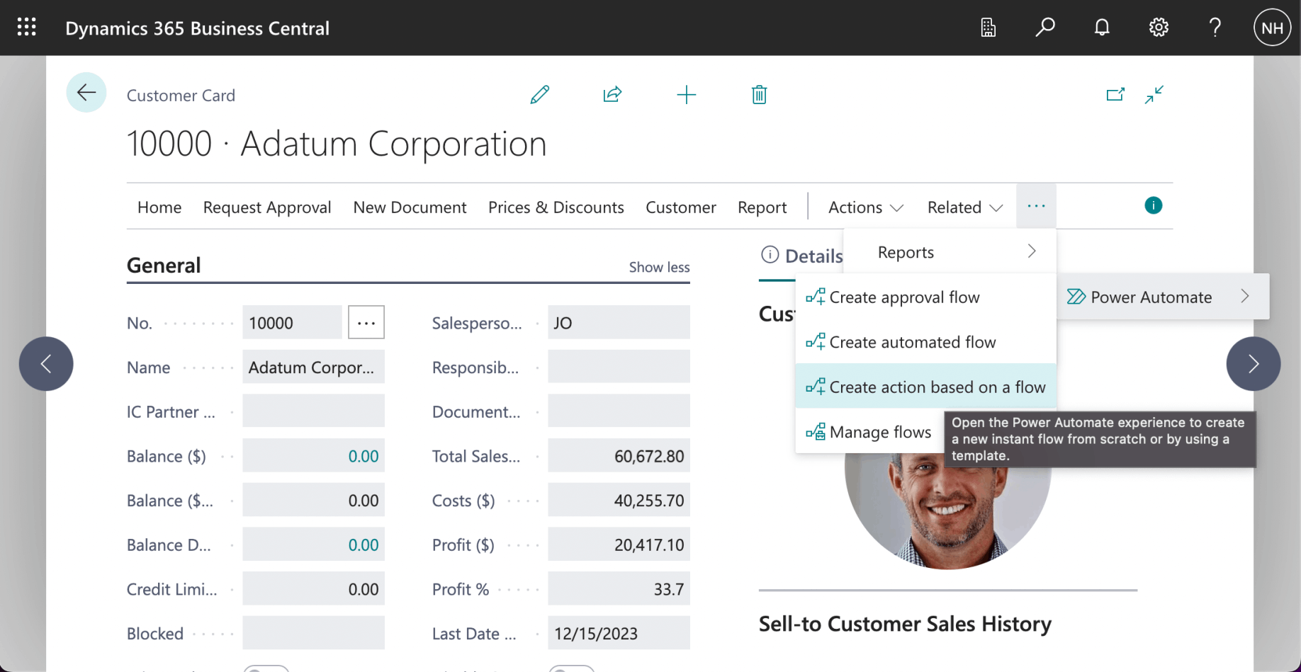 I navigated to a Customer Card page and clicked the "Automate | Power Automate | Create action based on flow" menu item