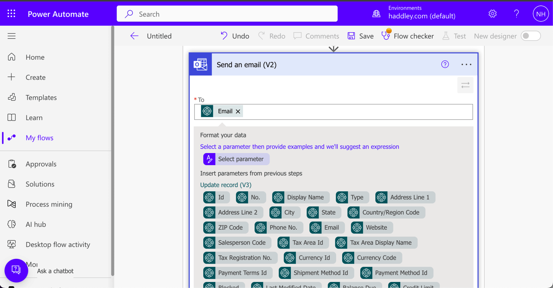 I set the To field value to the {Email} field from the "selected record"