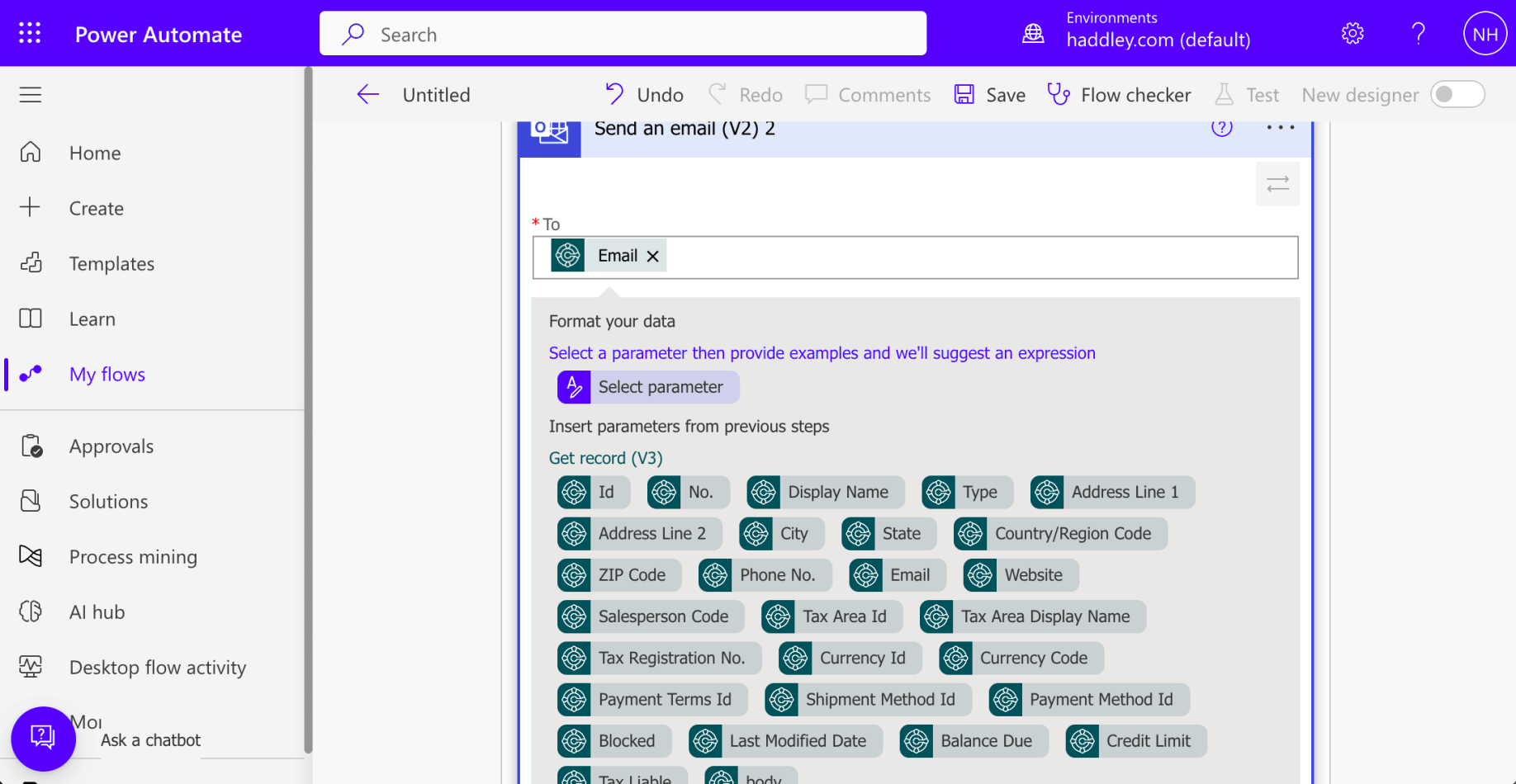 I set the To field value to the {Email} field from the "selected record"