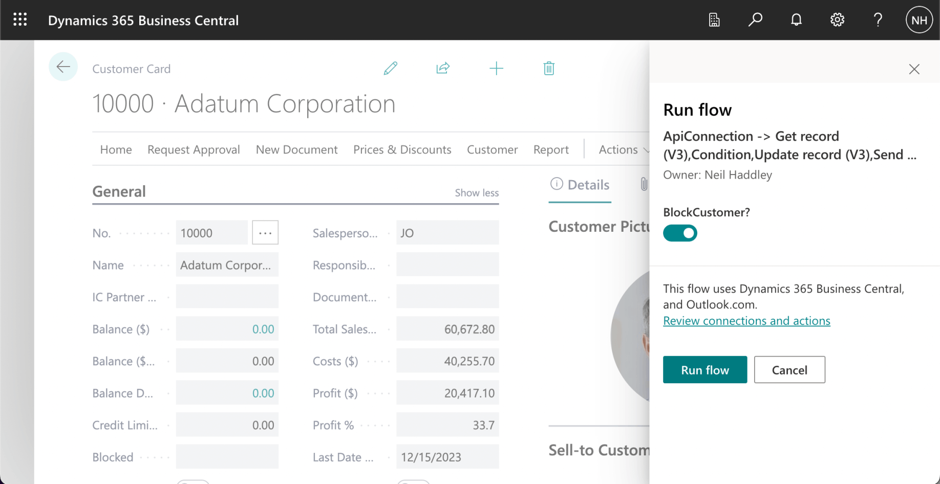 I clicked the "BlockCustomer?" switch and clicked the Run flow button