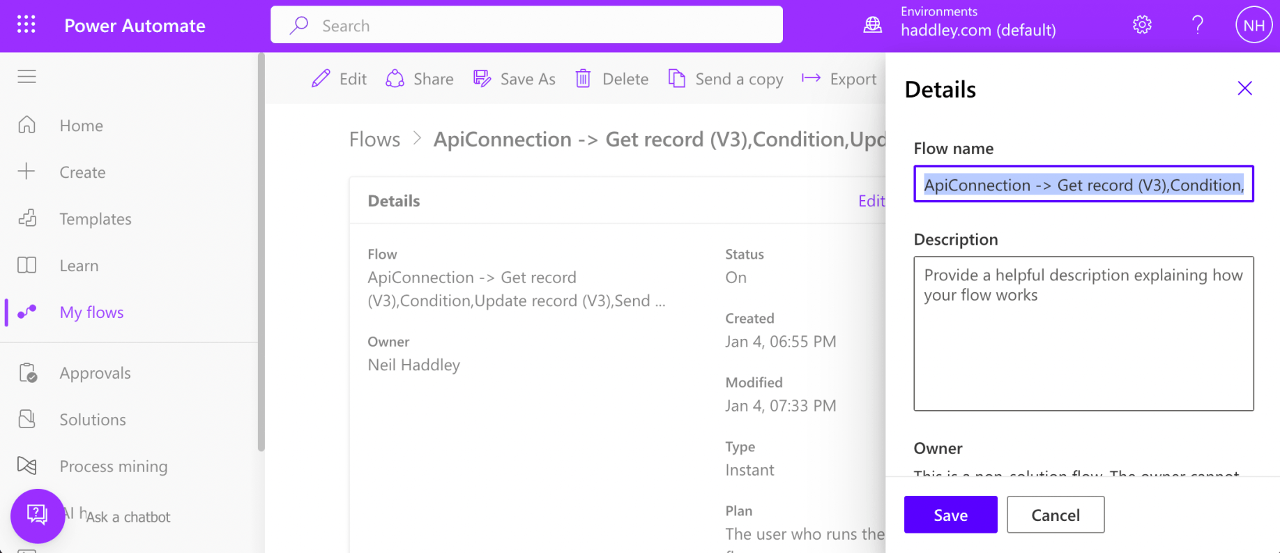I navigated to the flow details page