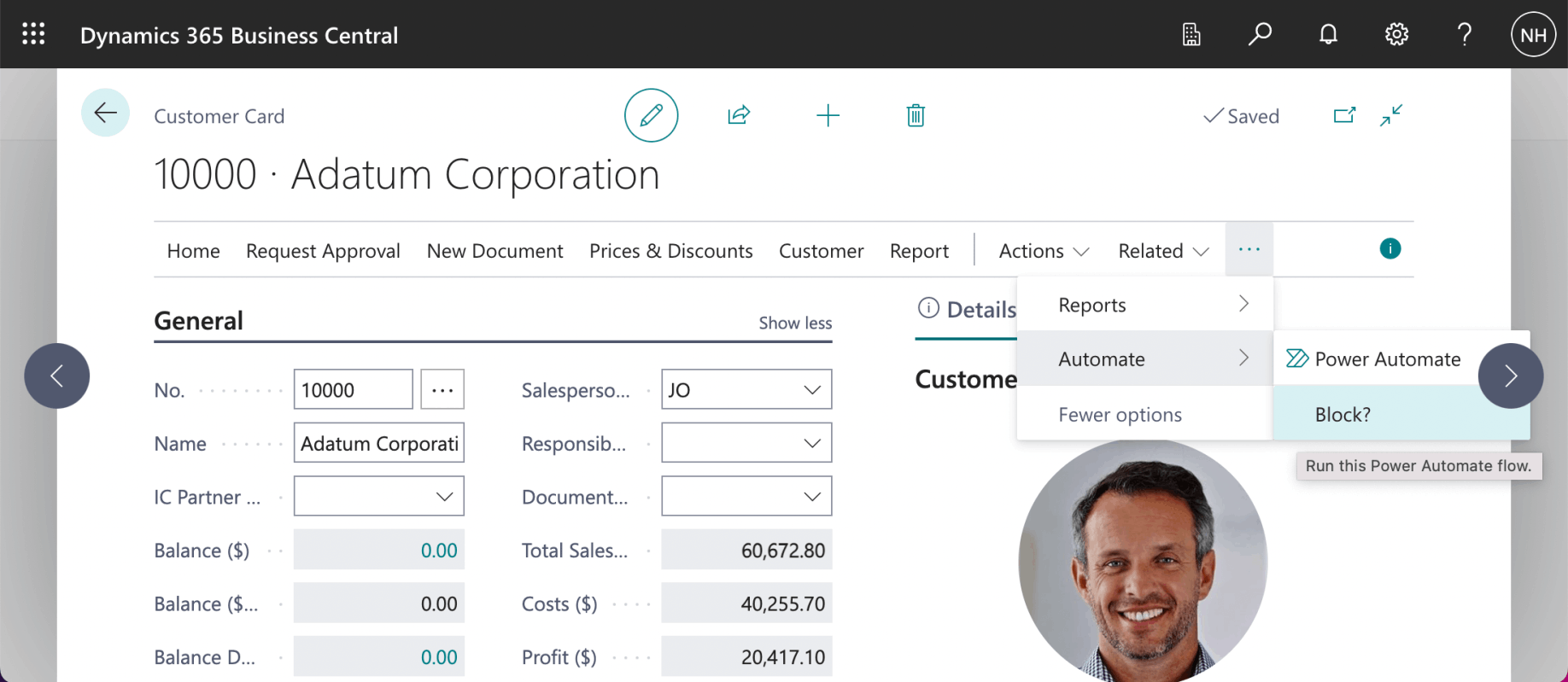 The Blocked? flow name is displayed as a menu item on the Customer Card