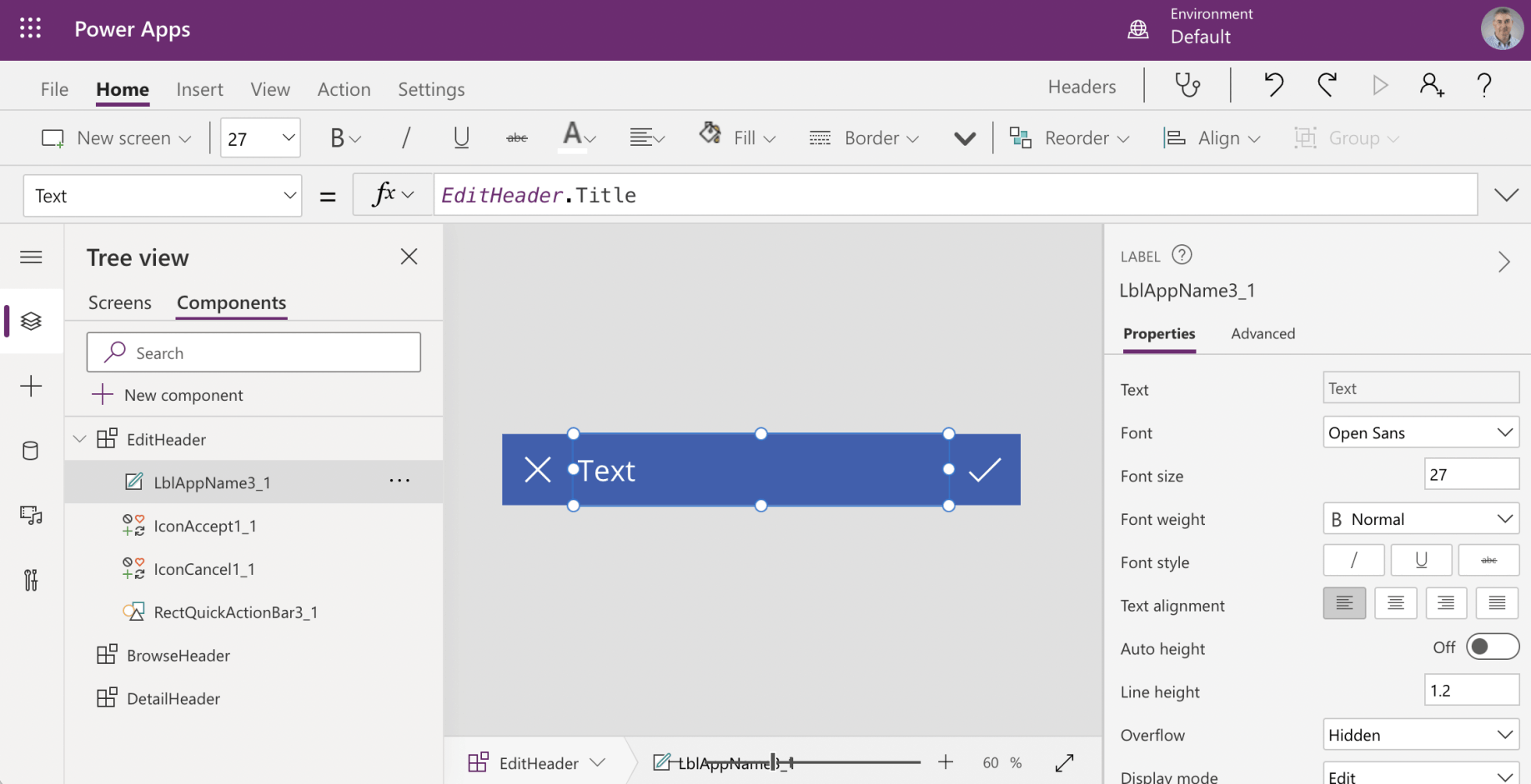 Select the AppName control and edit the Text property so that the value of the Title property will be copied to the text property of the label.