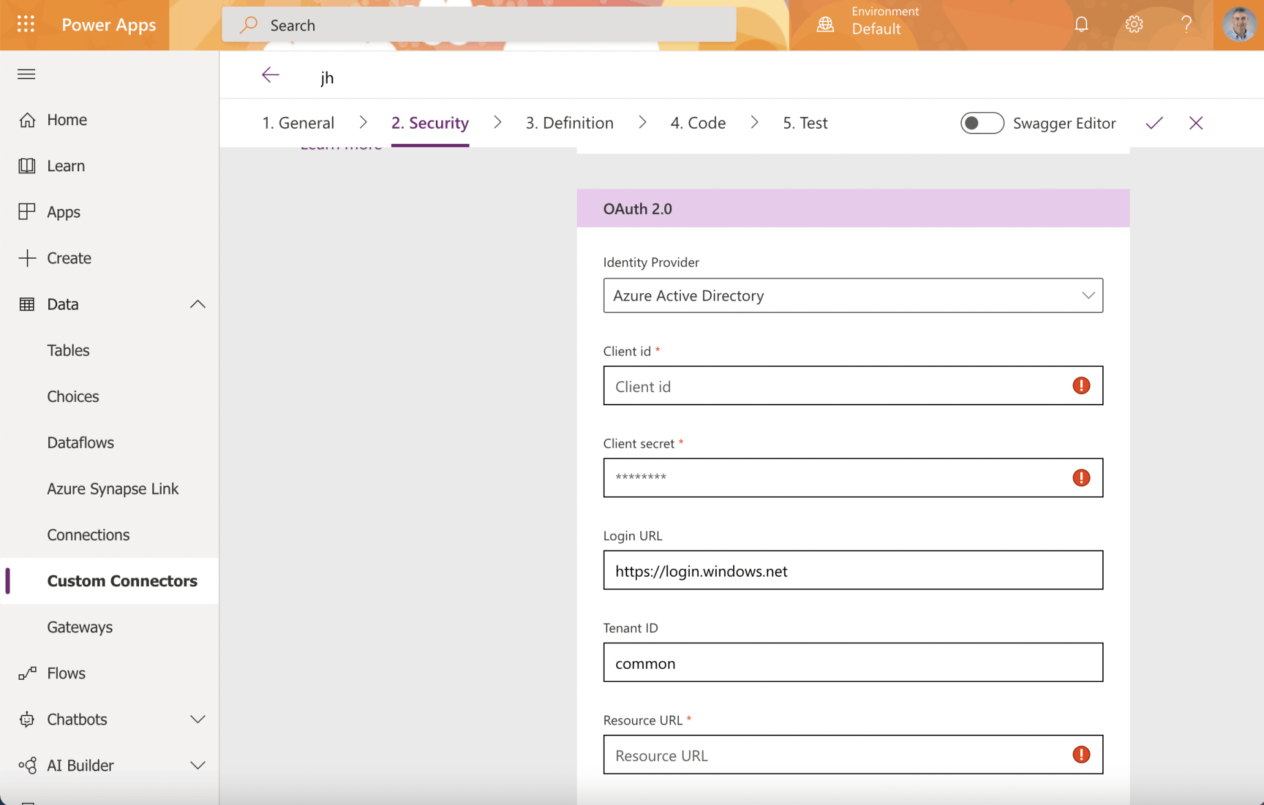 Custom Connector OAuth 2.0 Active Directory settings