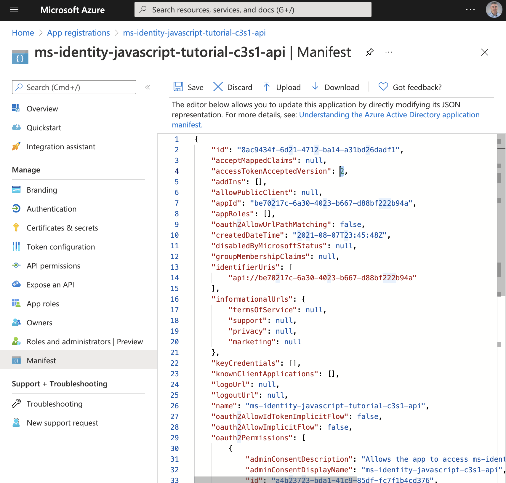 The application registration manifest provides a way to export and update application registration settings.