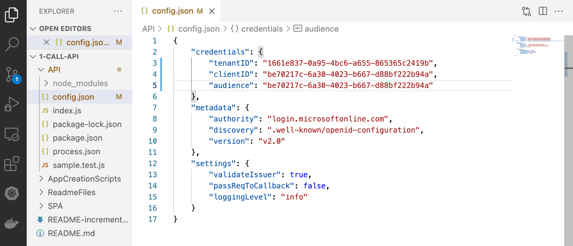 The sample API code has been updated to include the tenantID and the clientID.