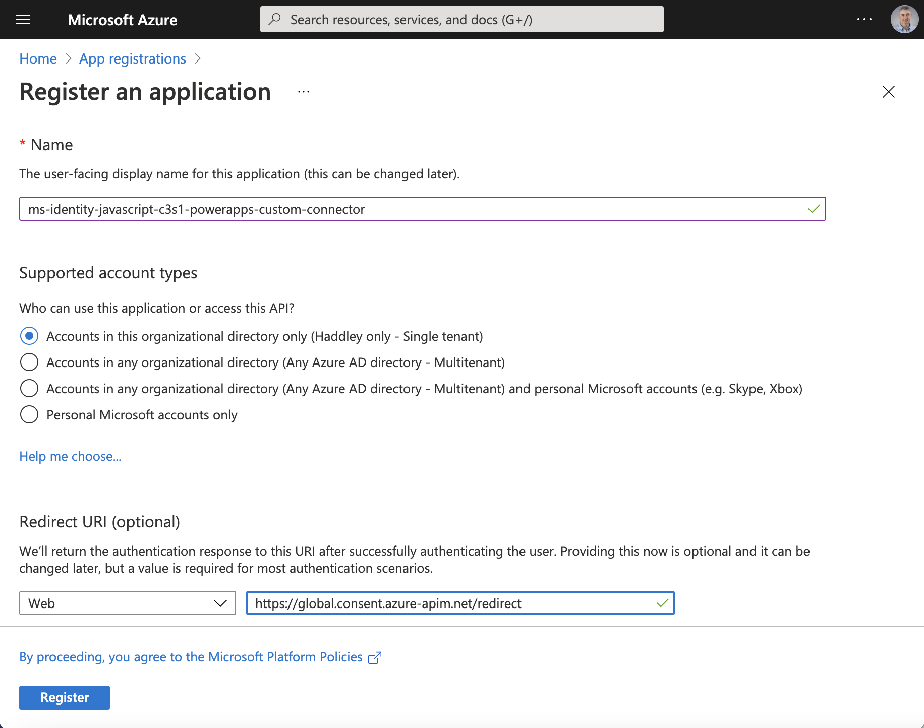 Notice that the redirect url has been set to https://global.consent.azure-apim.net/redirect