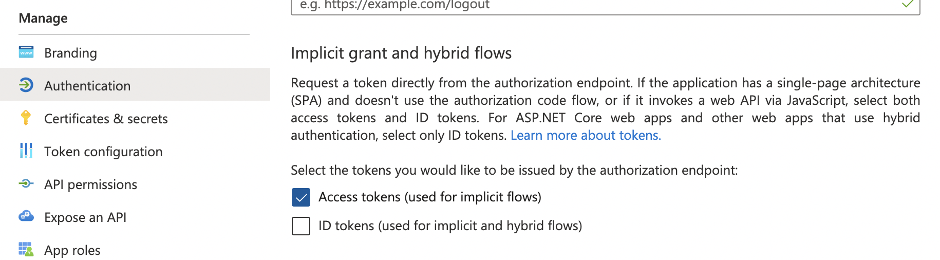 Click the Authentication menu item and enable "Access tokens"