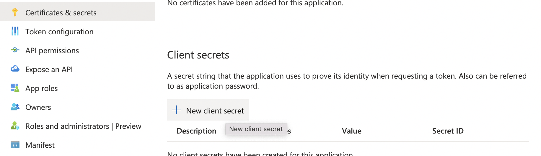 Click on the Certificates & secrets menu item.