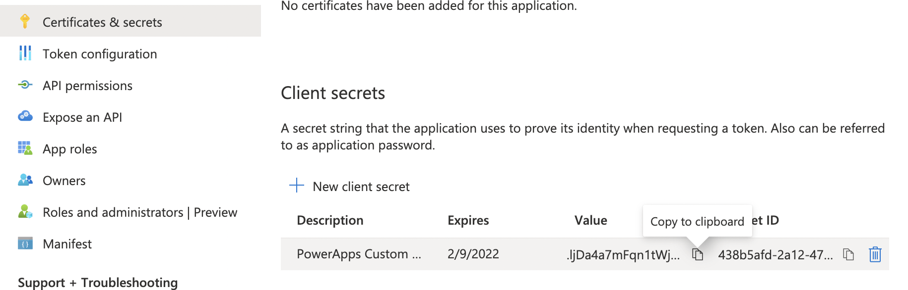 Copy the "client secret" value