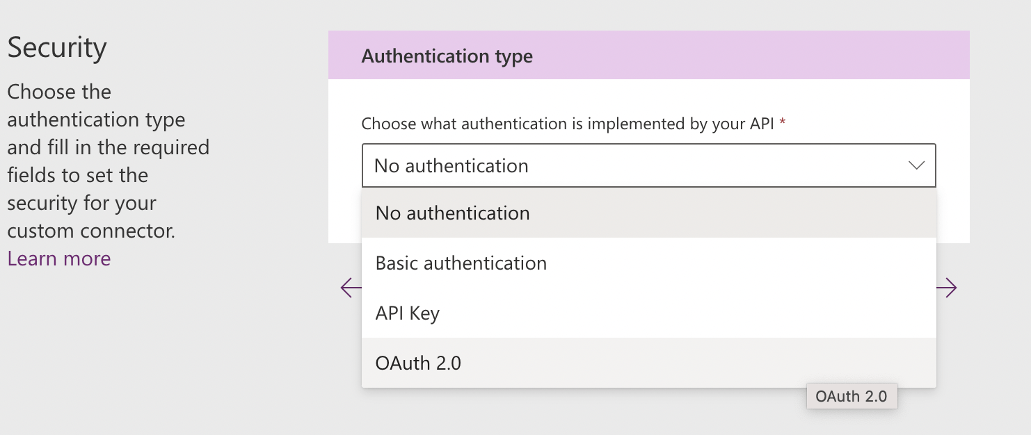Select Authentication type OAuth 2.0